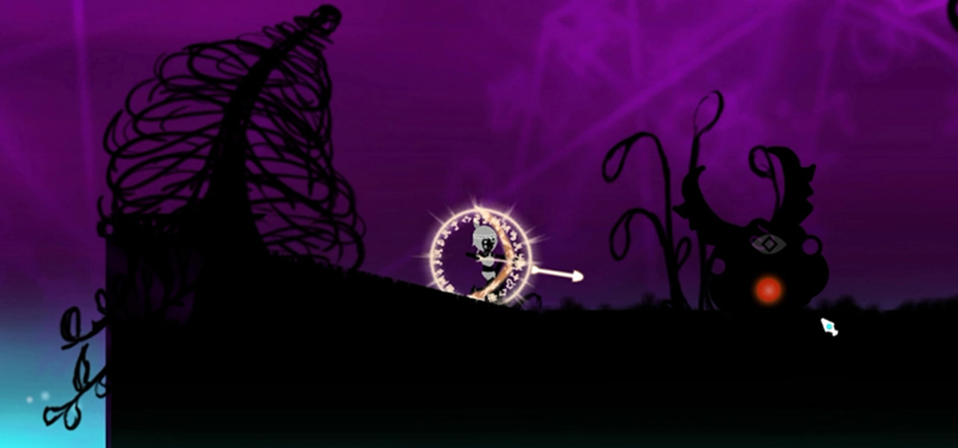 Screenshot of character Iris surrounded by a magical rune, aiming in arrow in a shadowy world with a purple background