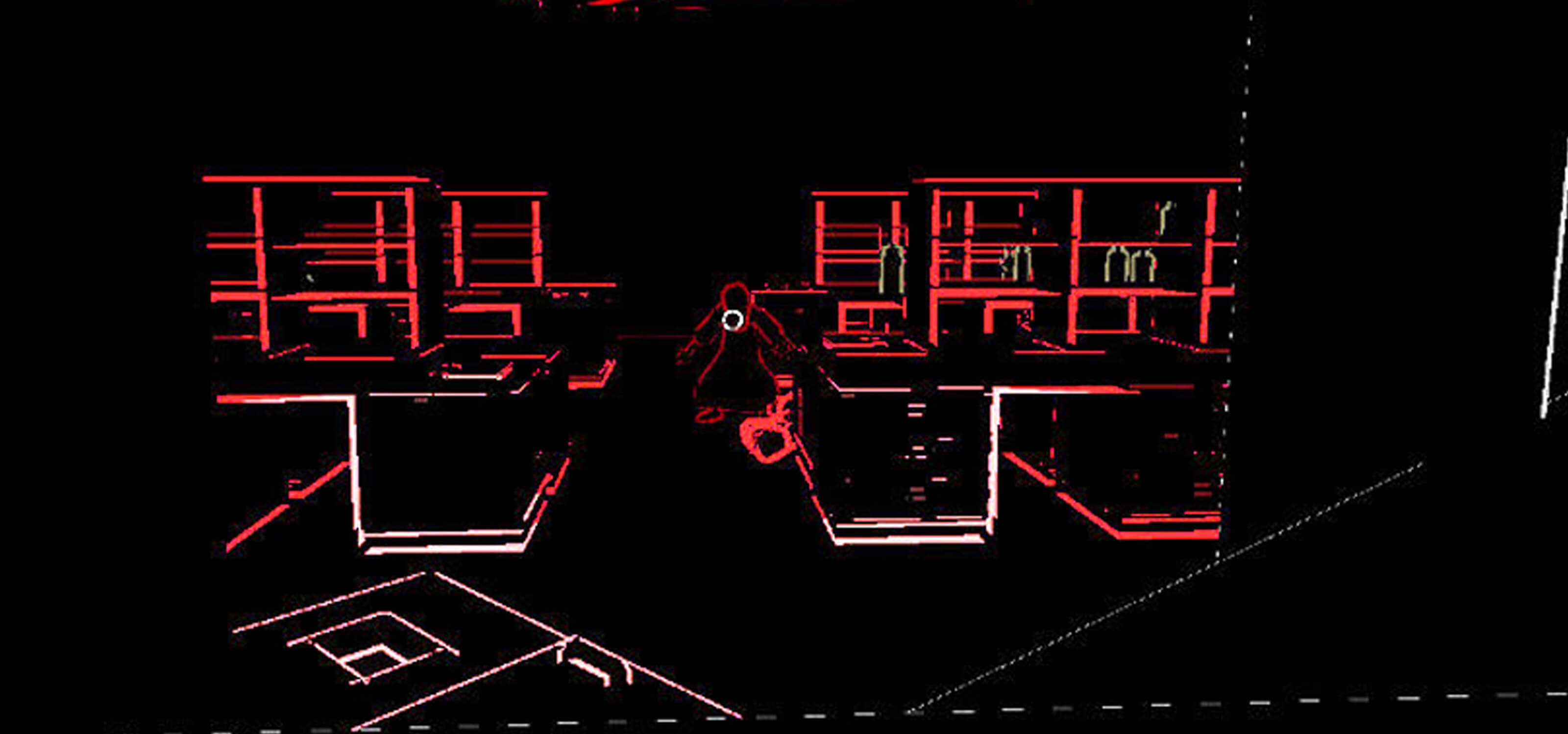 Black and red-outlined screenshot of game Lurking. A crouched figure stares toward the viewer surrounded by lab equipment