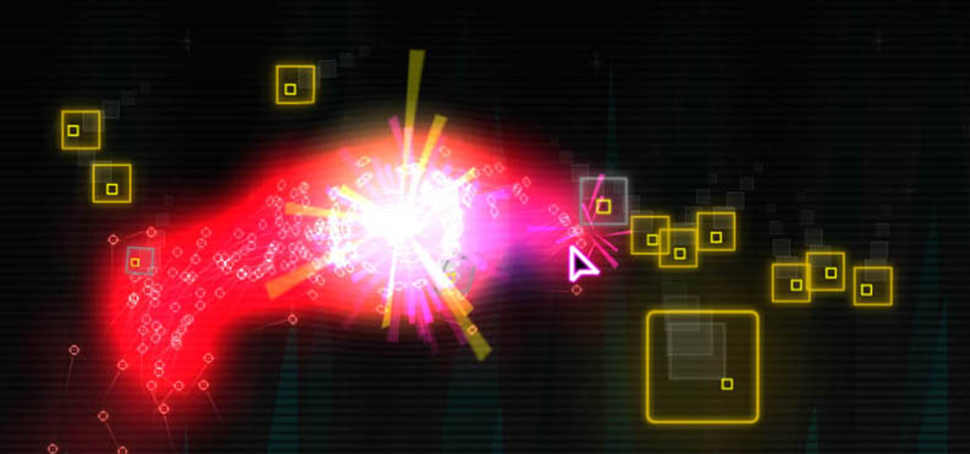 Screenshot of Pixi game, yellow-outlined squares surround a cloud of red in a black background