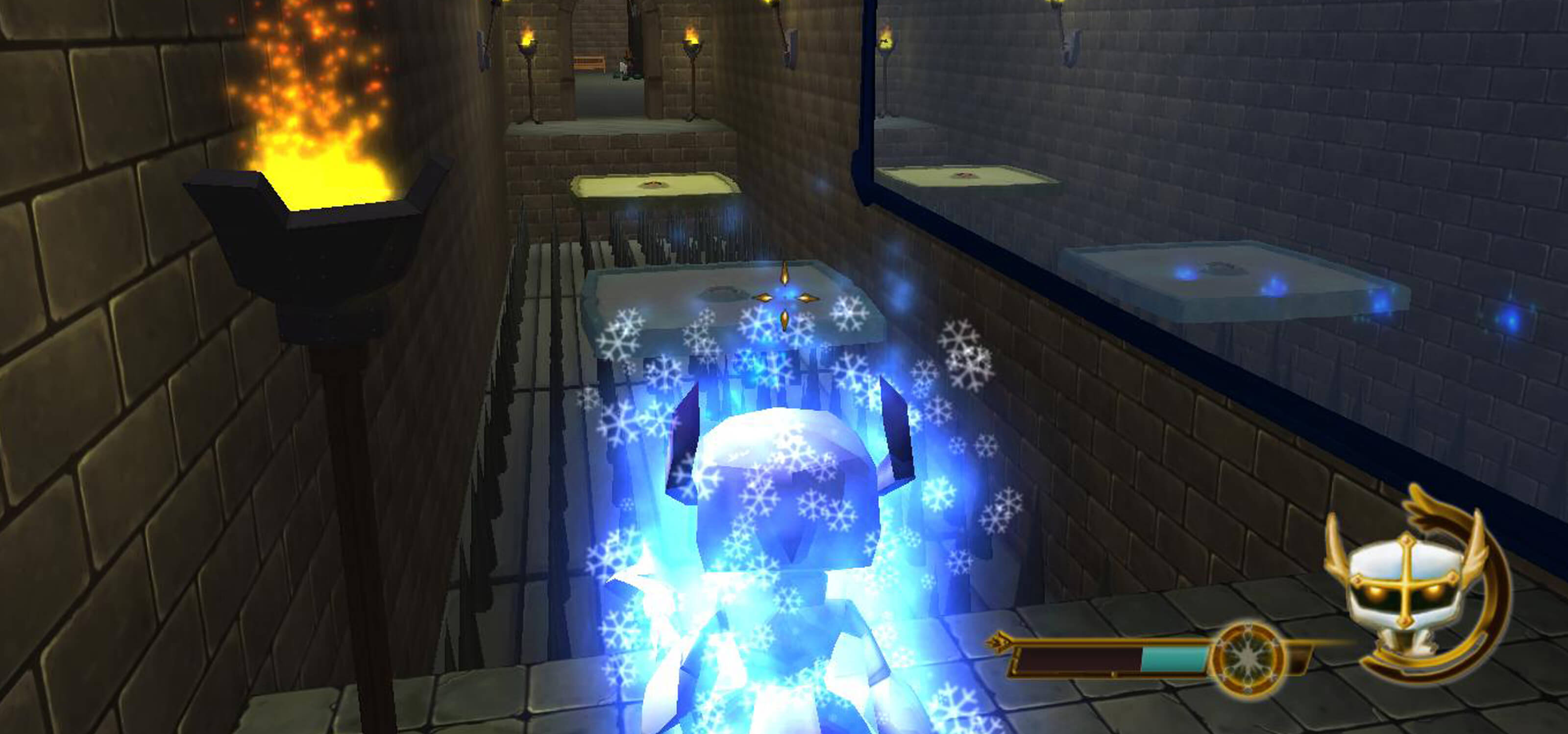 Character seen from behind glowing blue with snowflakes hovering around him, looking across a spike pit
