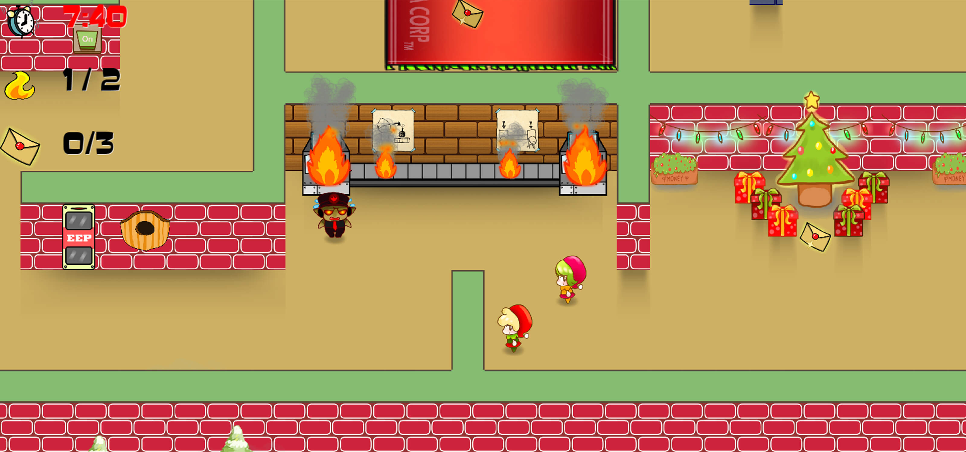 Screenshot from DigiPen (Singapore) student game Santa's Clause showing top-down view of an office/workshop with elves and reindeer employees.