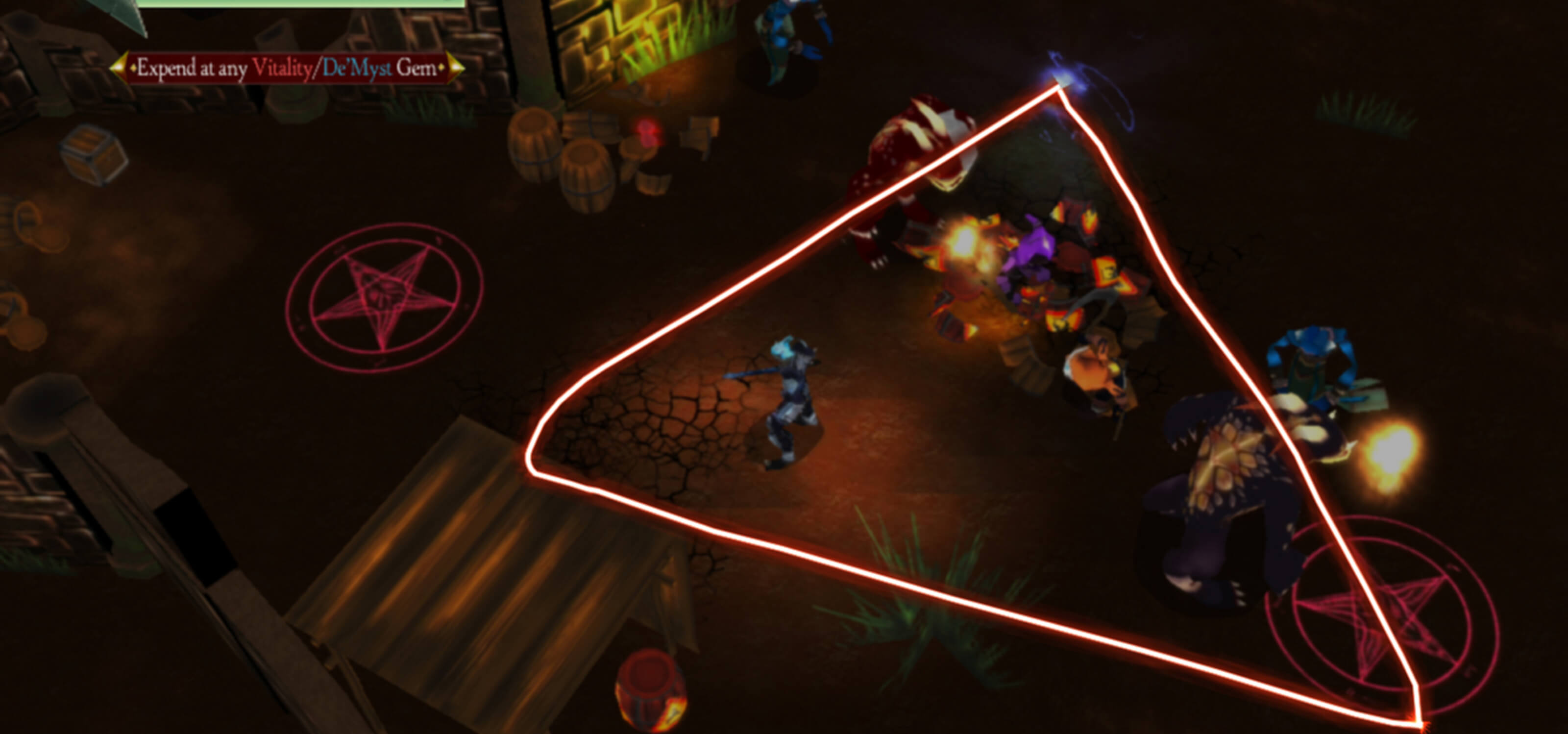 In a dark dungeon, a bright red triangle is drawn around enemies to cast a damaging spell