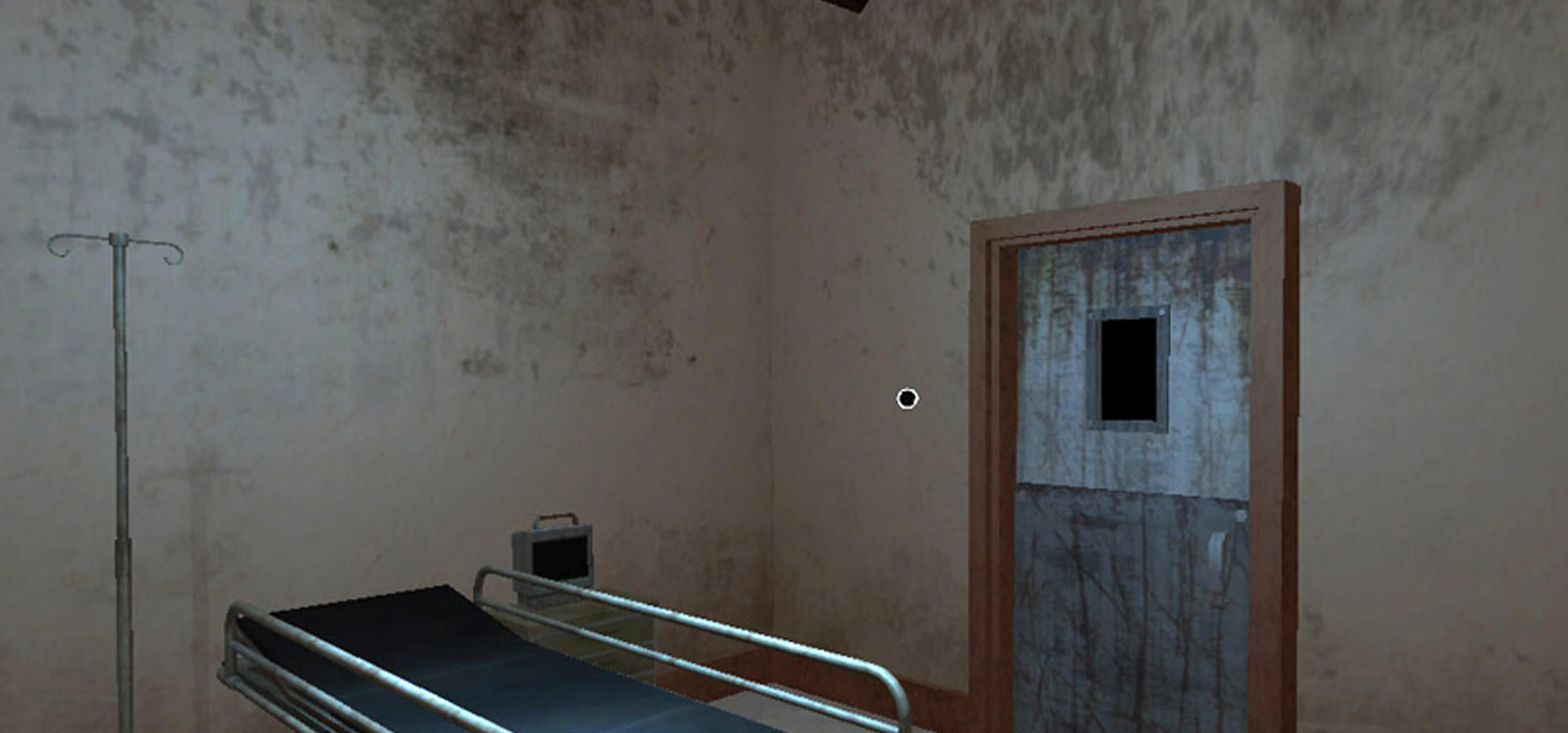 Screenshot of game inside a grimy hospital room with a gurney and door