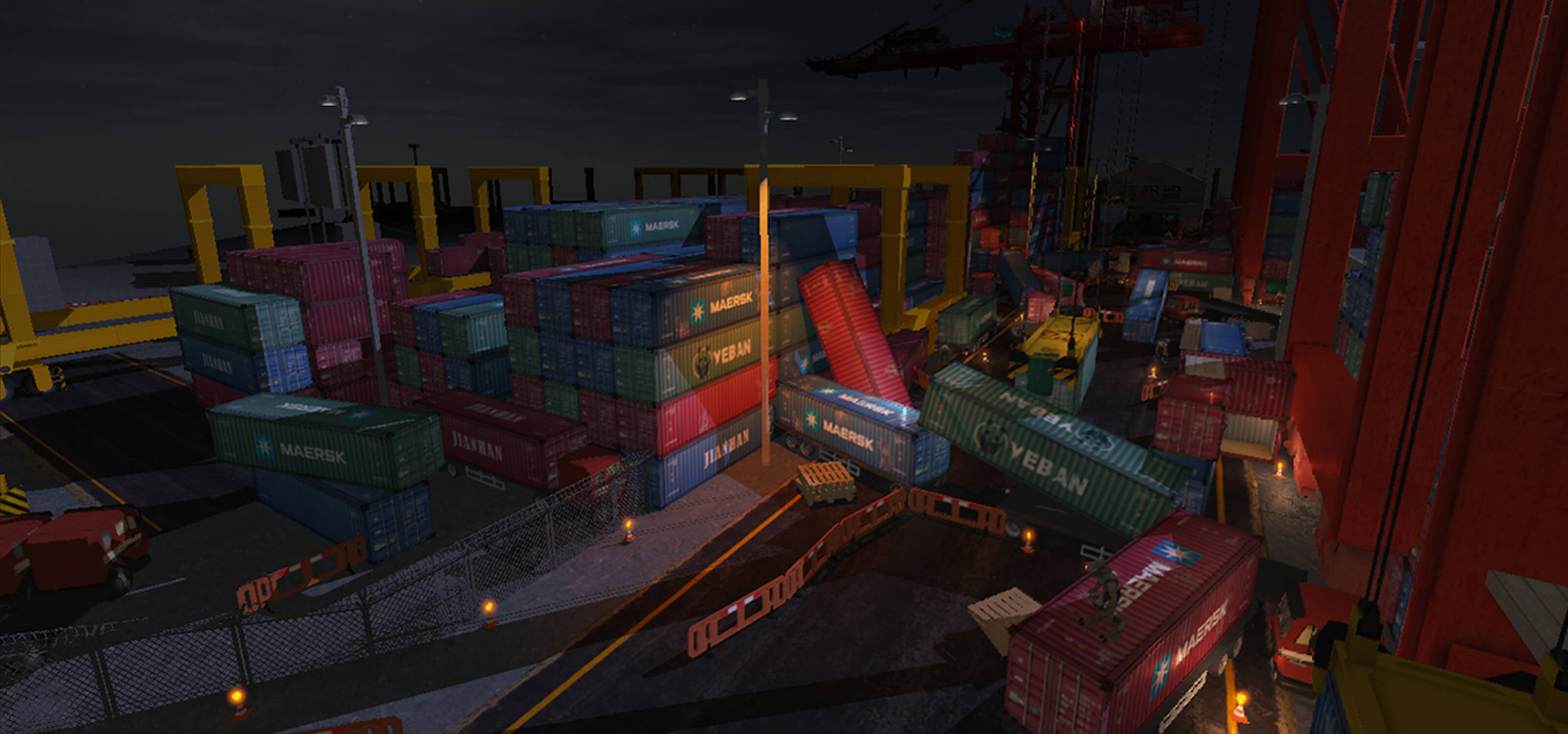 Screenshot of game at a dockyard at night with several overturned shipping containers