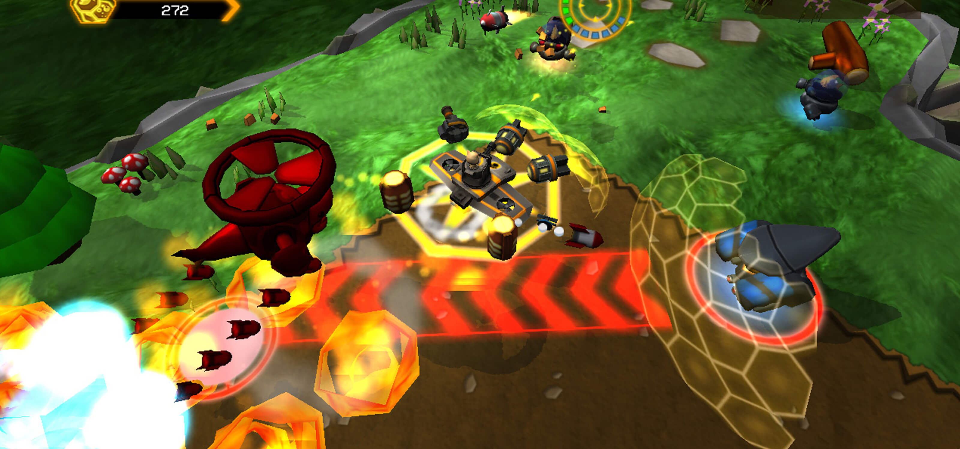 Screenshot of player's cat-piloted hover tank surrounded by enemies and dodging explosions and bombs