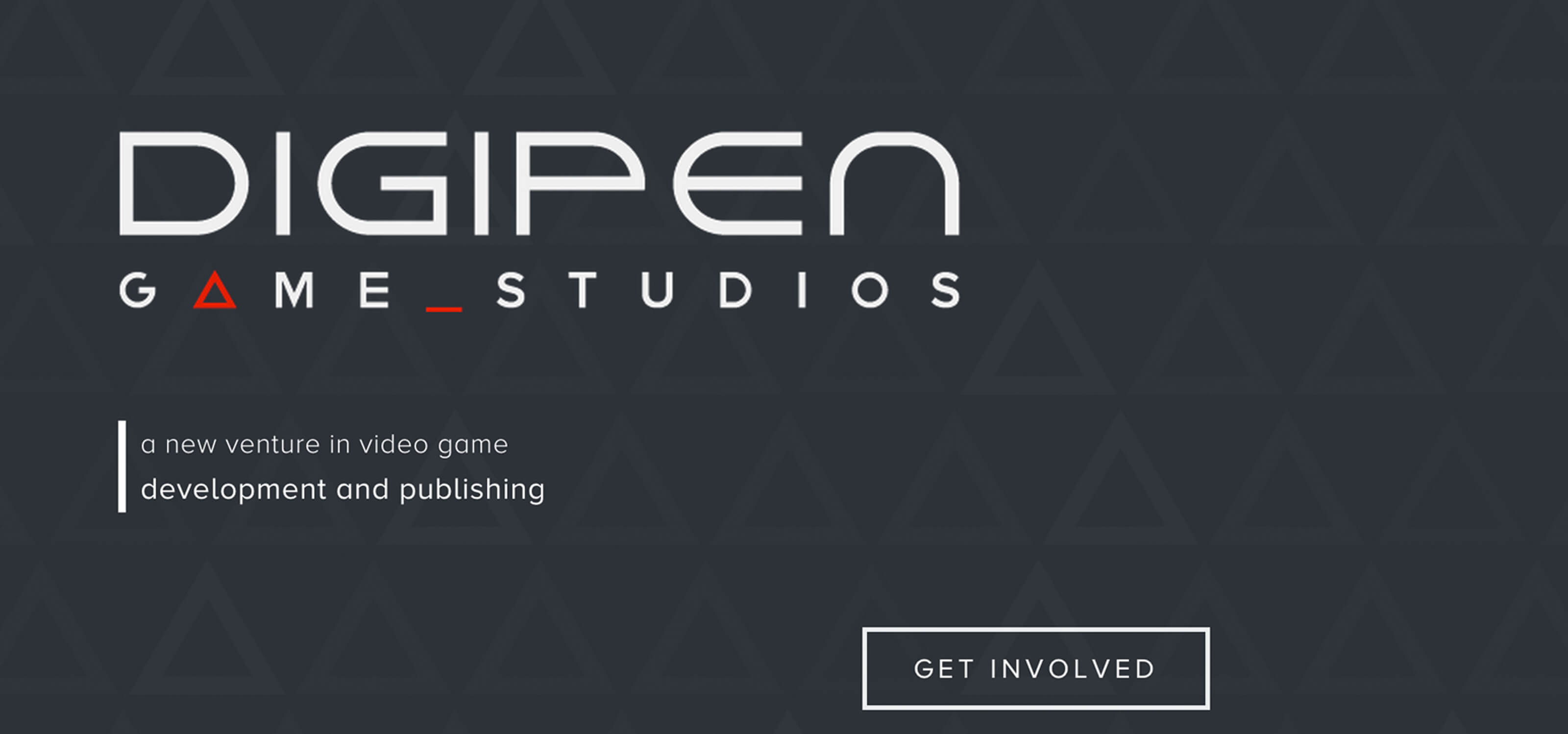 Screenshot of DigiPen Game Studios homepage with logo against a dark gray background with faint triangular outlines
