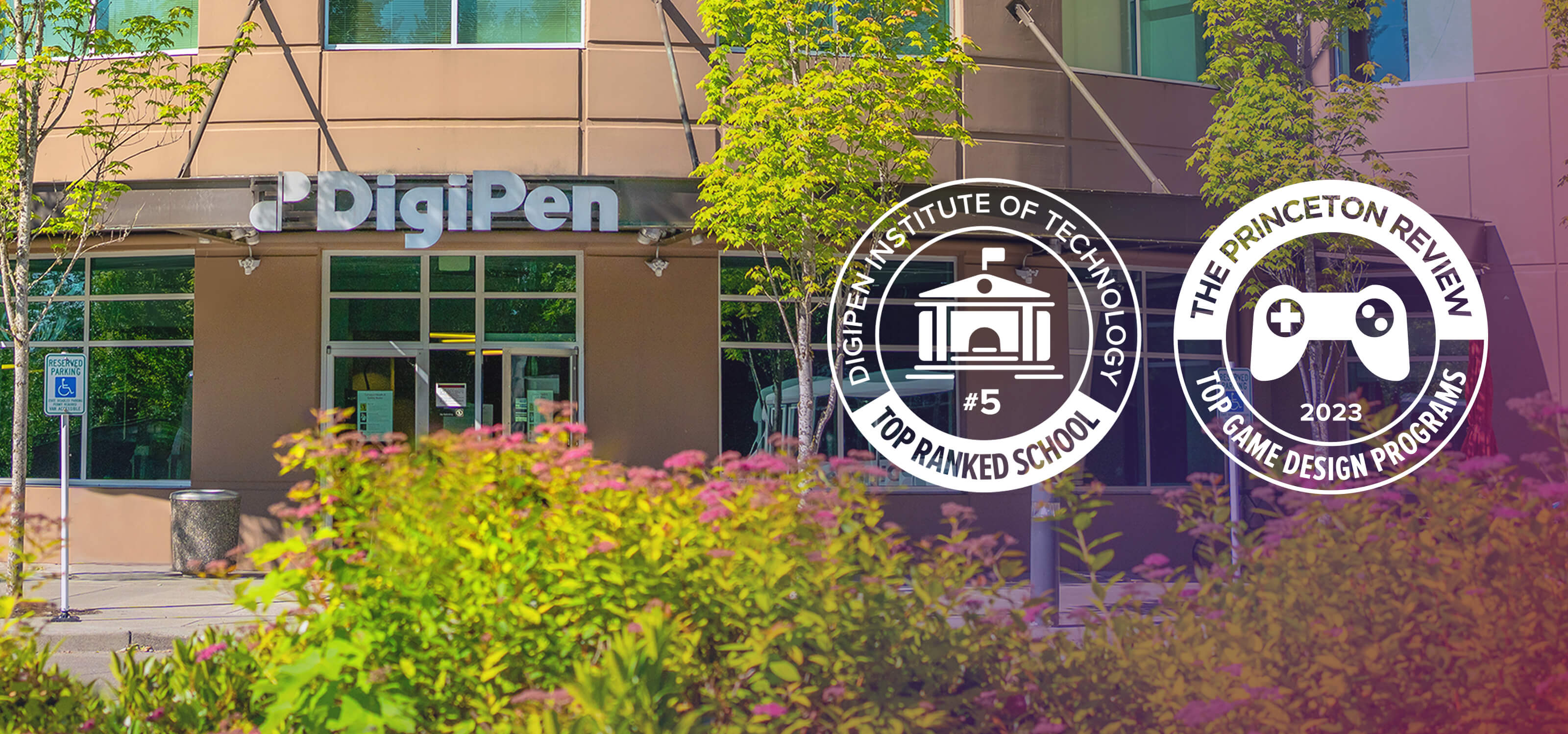 Two Princeton Review official award seals imposed over the DigiPen Redmond campus.