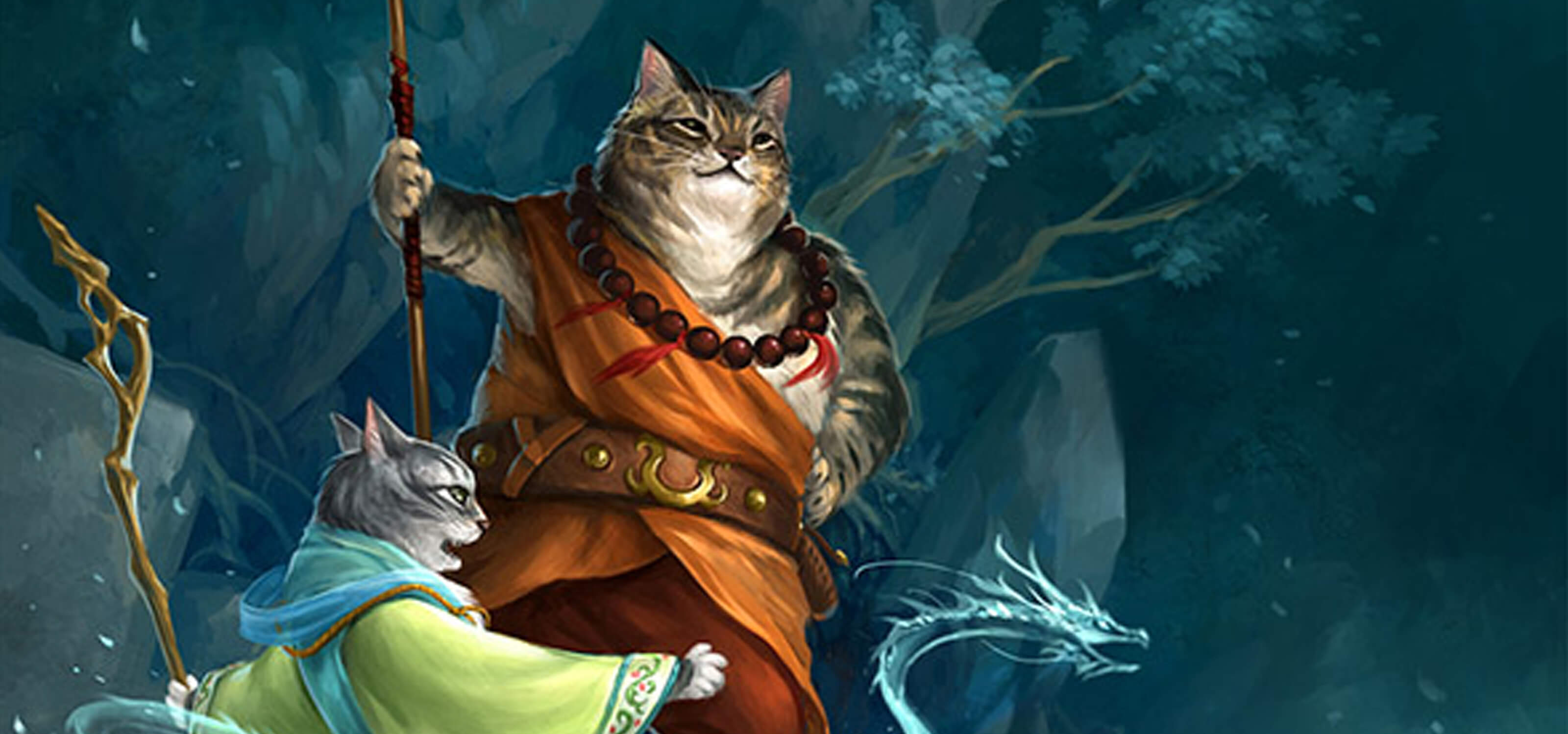 Three illustrated housecats are dressed in fantasy garb, holding staves, casting spells, and preparing to attack