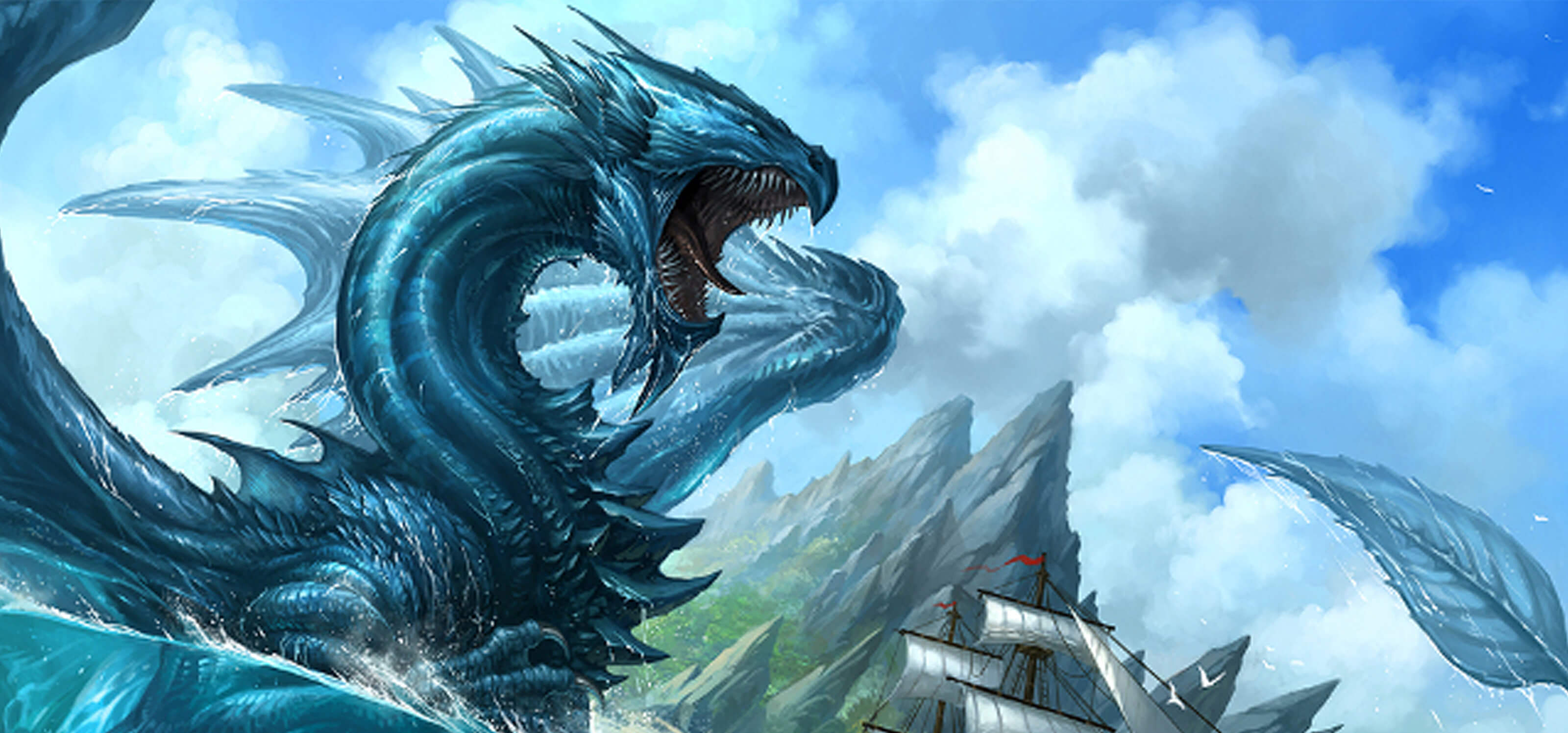 A blue dragon swimming in the ocean, about to pounce upon a galleon with a rocky island behind