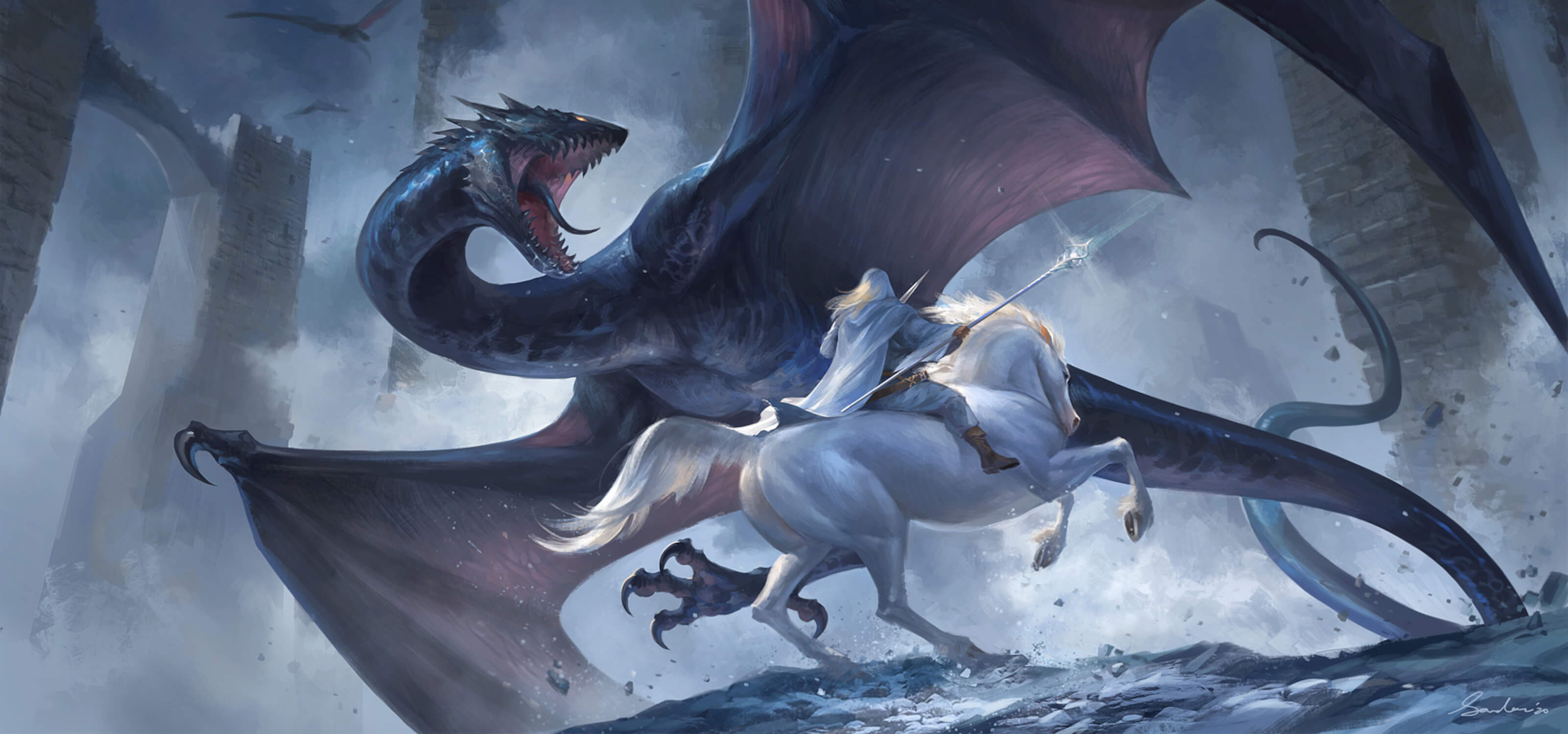 A wizard on horseback fights a wyvern-like beast, by Sandara Tang.