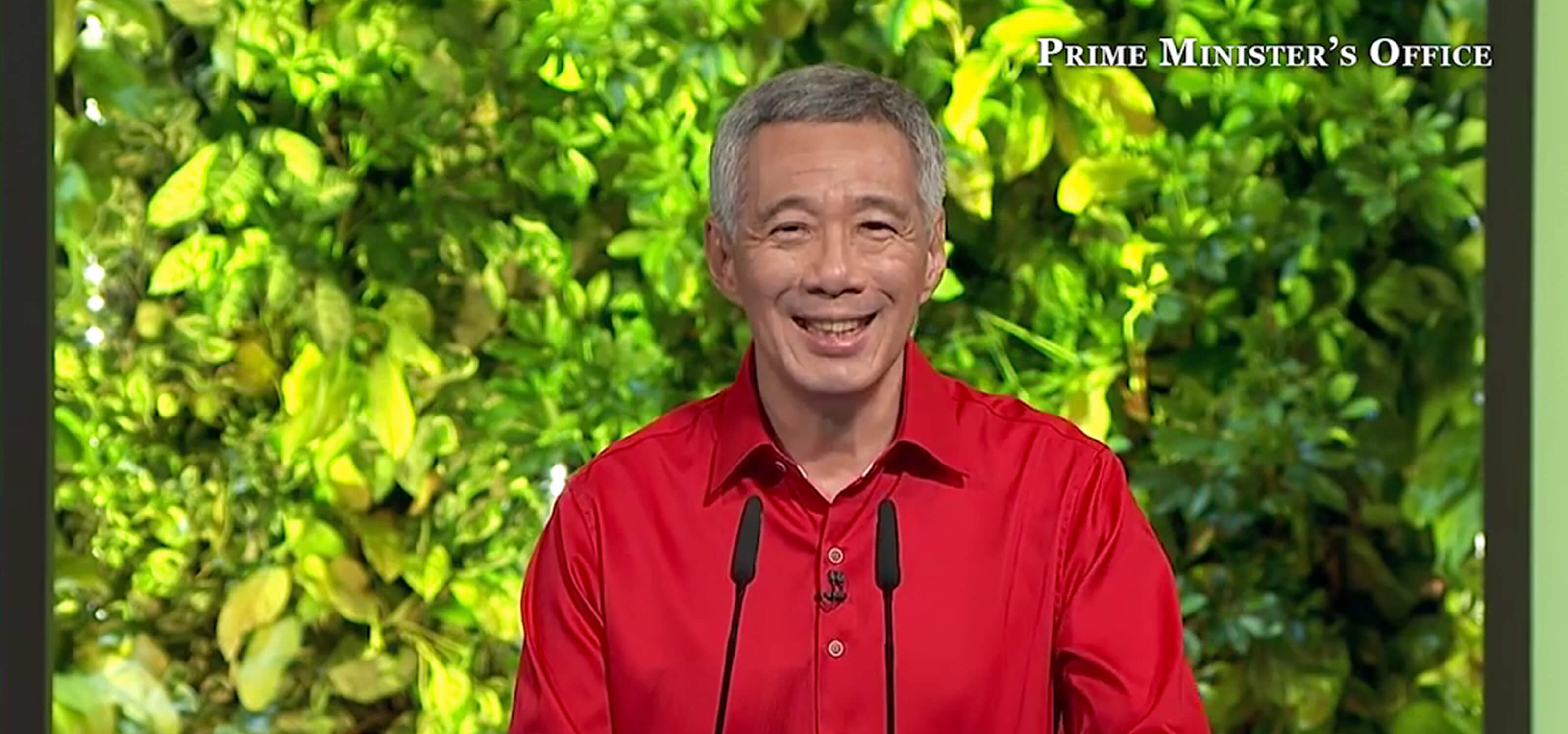 Singapore's Prime Minister, Lee Hsien Loong stands at a lectern with an image of a wall of vines behind him