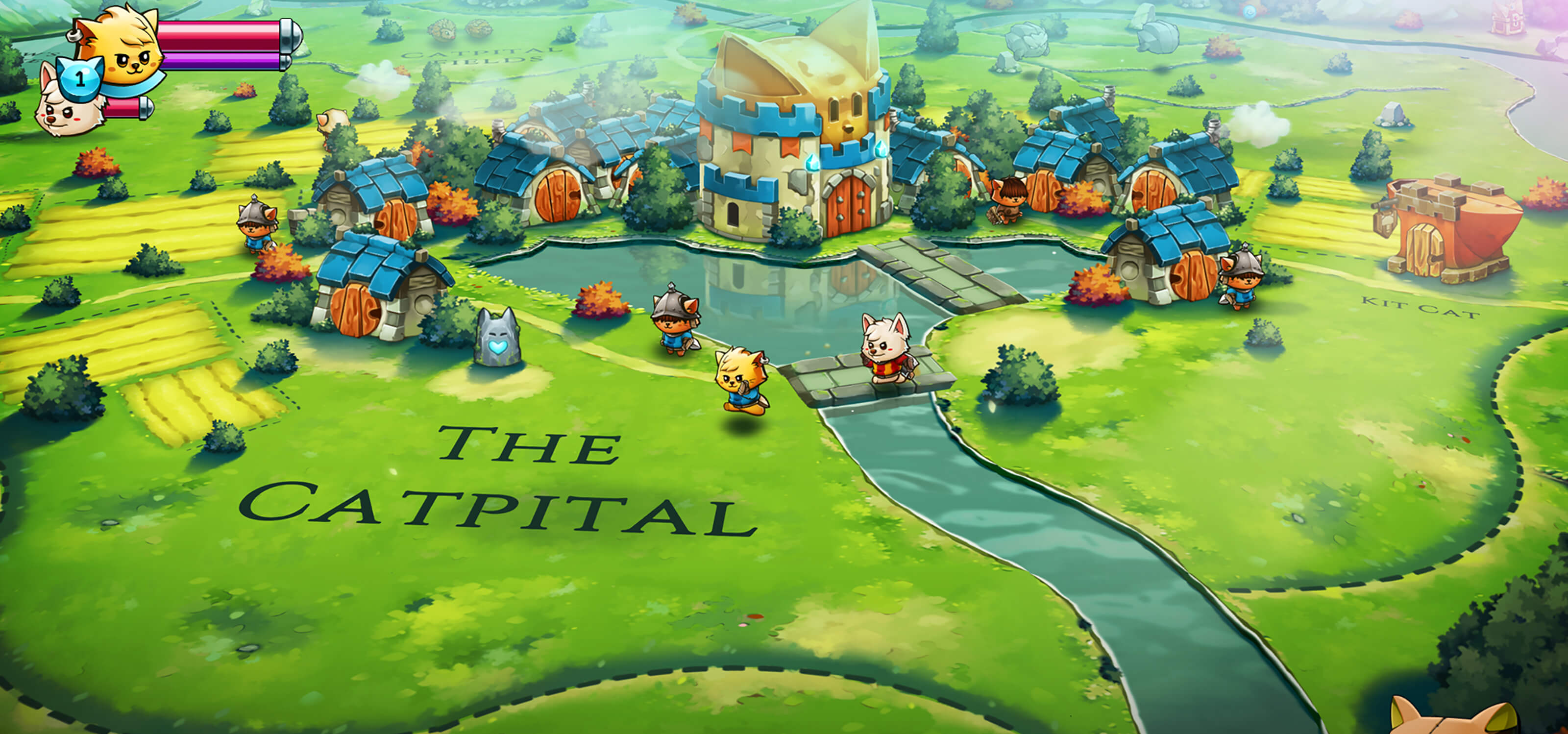 Cat Quest 2 screenshot: Animal character sprites move across a map of the world covered in fields, rivers, and villages.