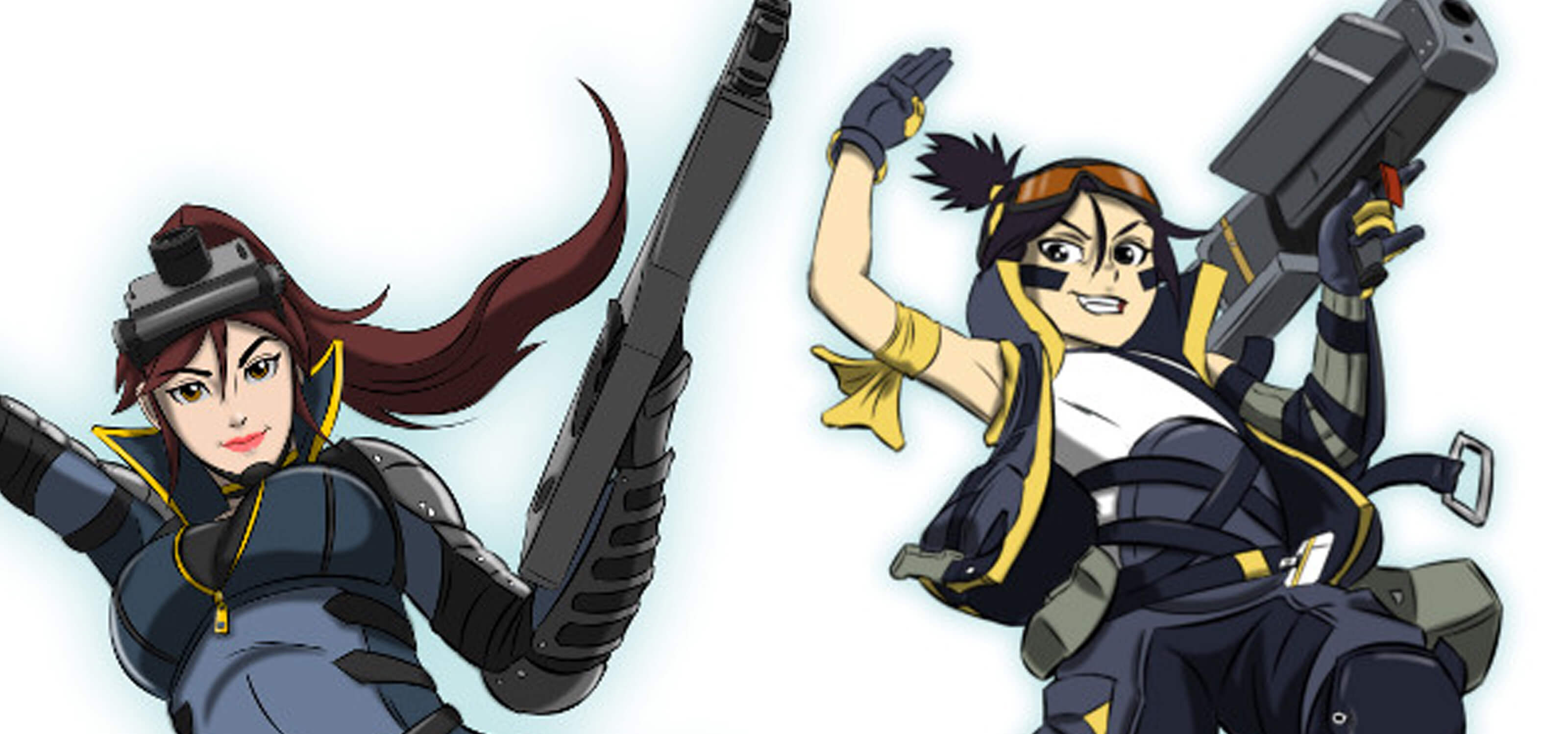 Two anime-style women are posed armed with guns and other weaponry