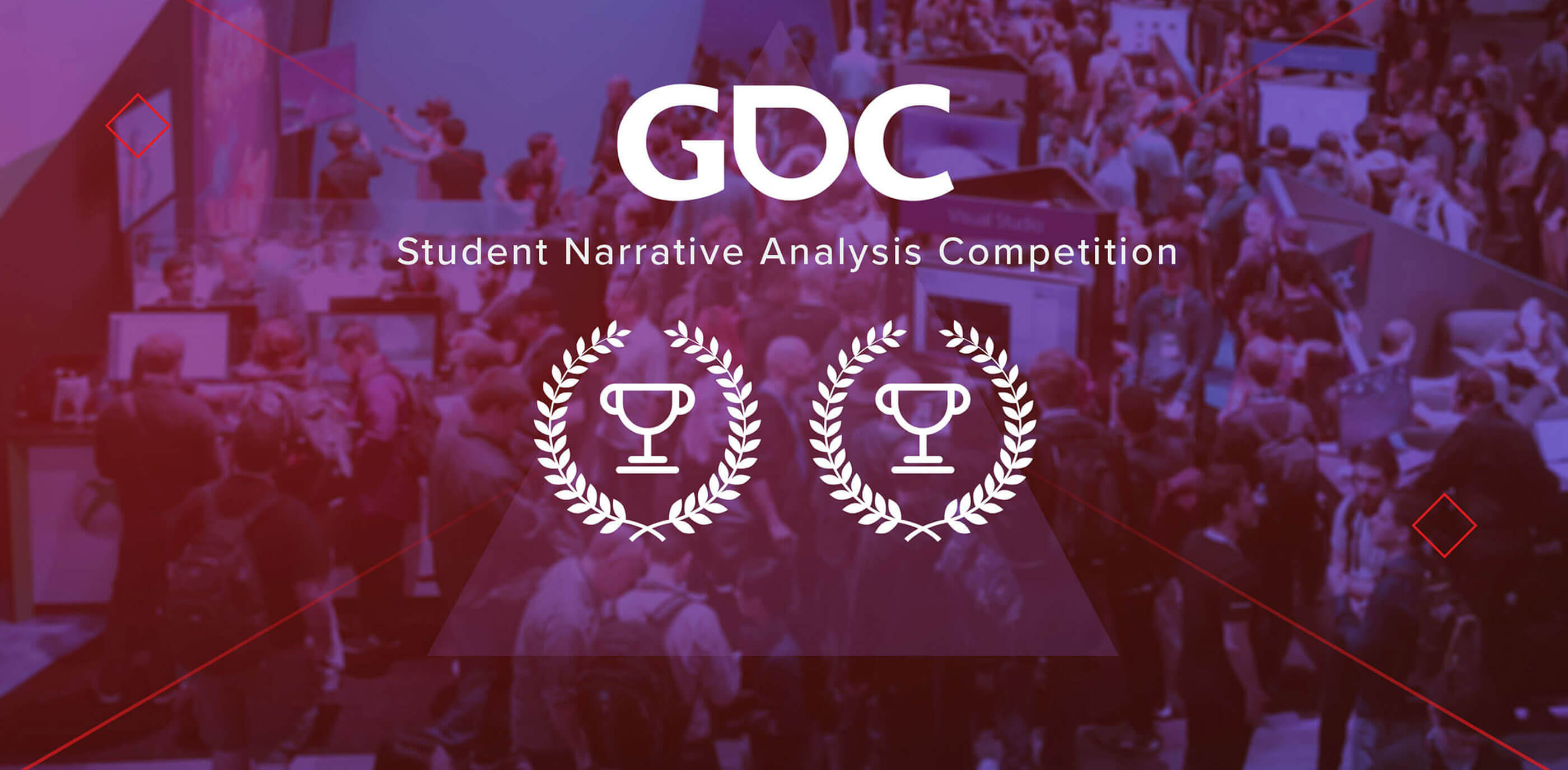Two award graphics imposed on a purple background with the GDC logo in white above it