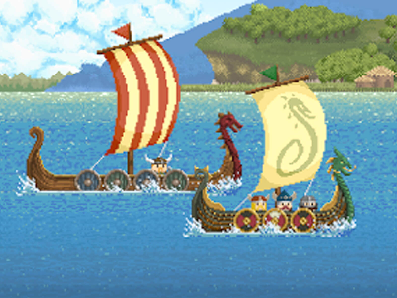 Pixel art screenshot of two viking dragon ships on the water sailing past a village in the background