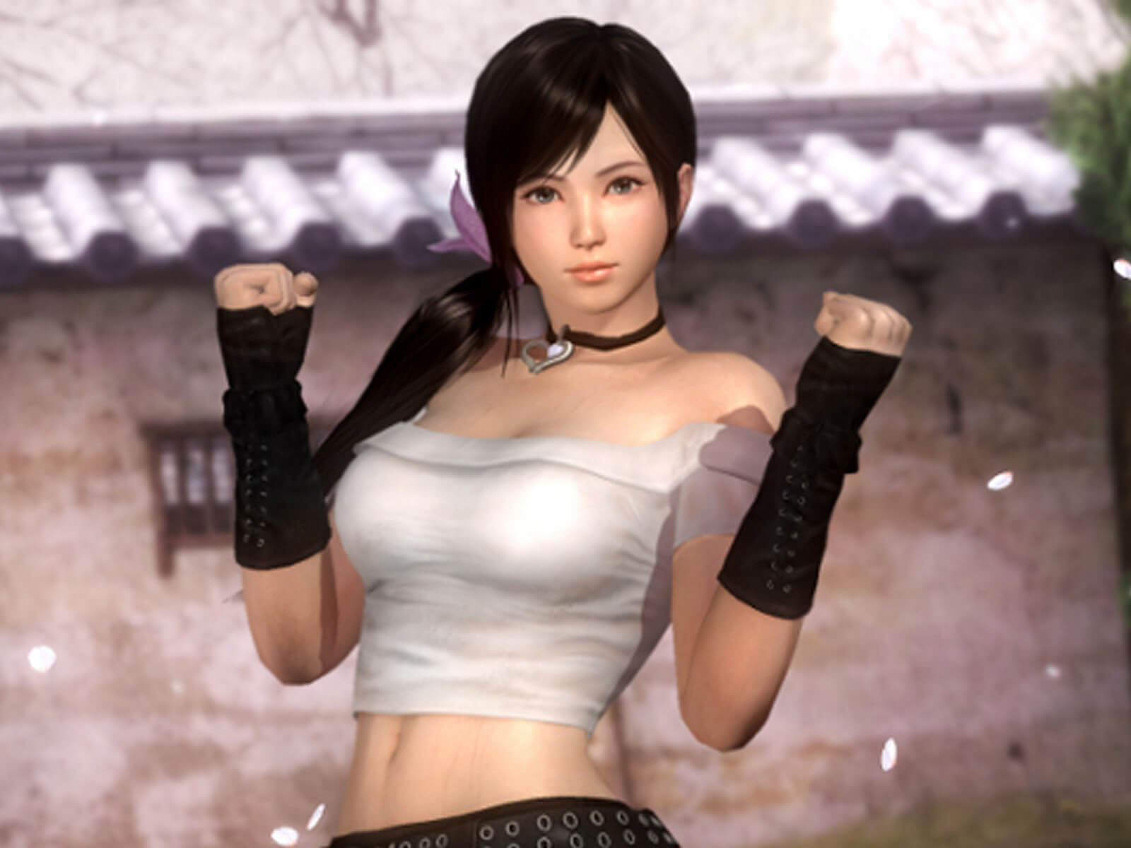 Kokoro from the Dead or Alive franchise stands in a courtyard in a white tube top