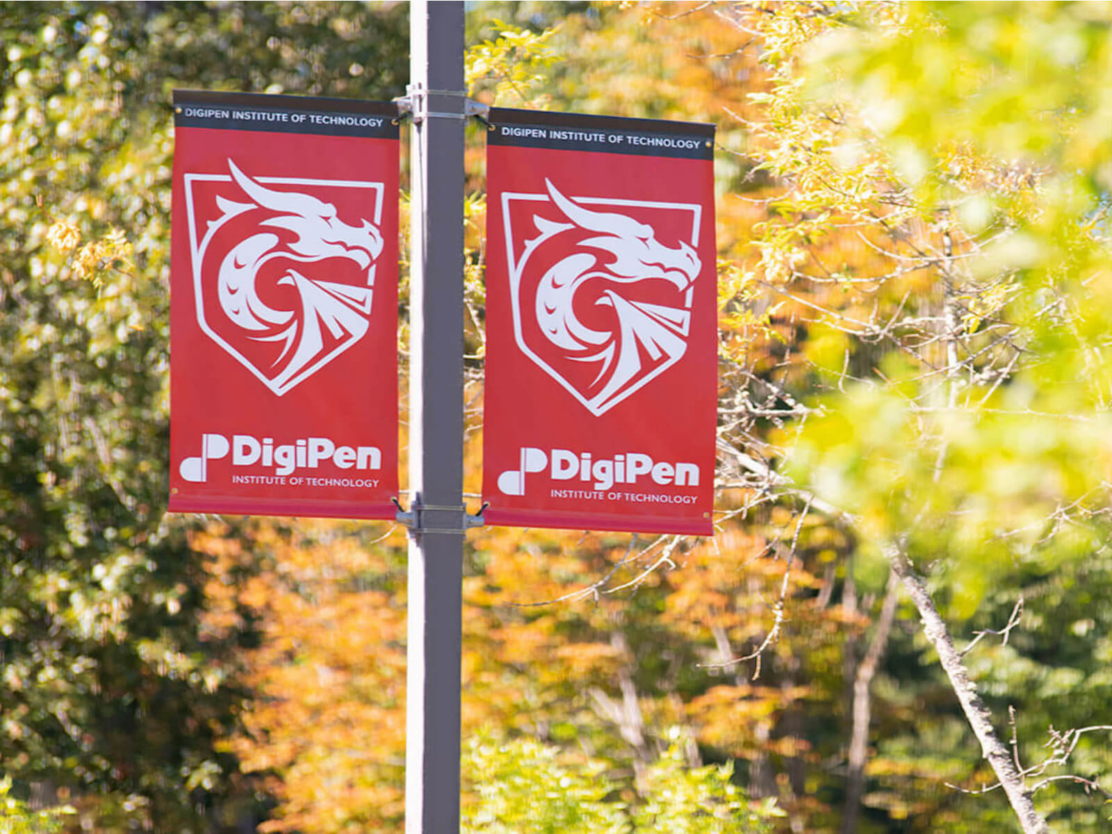Two DigiPen banners on pole set against fall scenery