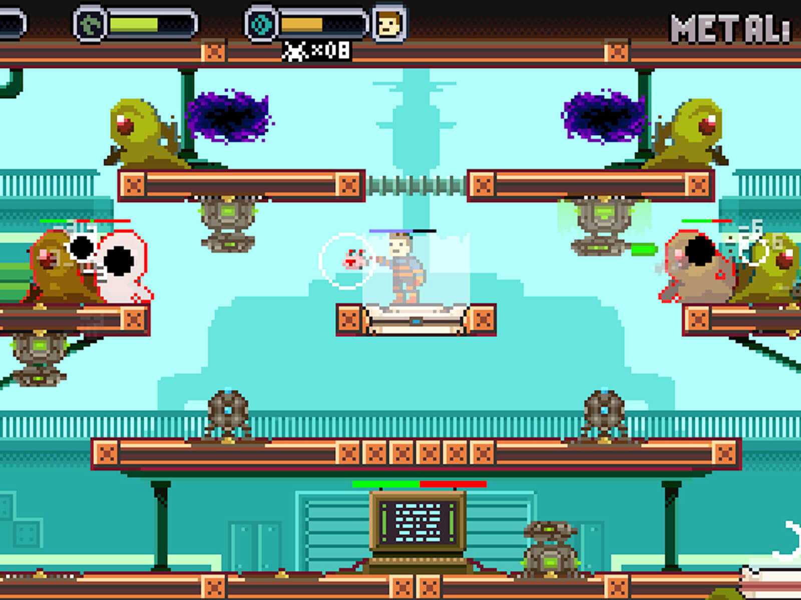 Screenshot of Spacejacked; a 2D character stands on a central platform surrounded by green aliens