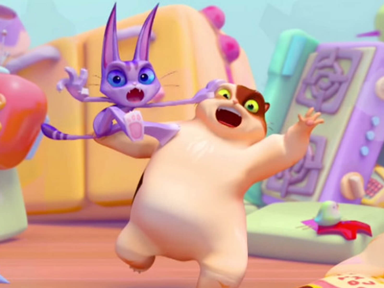 3D animated scene of a purple cat and beige cat surrounded by a child's colorful toys