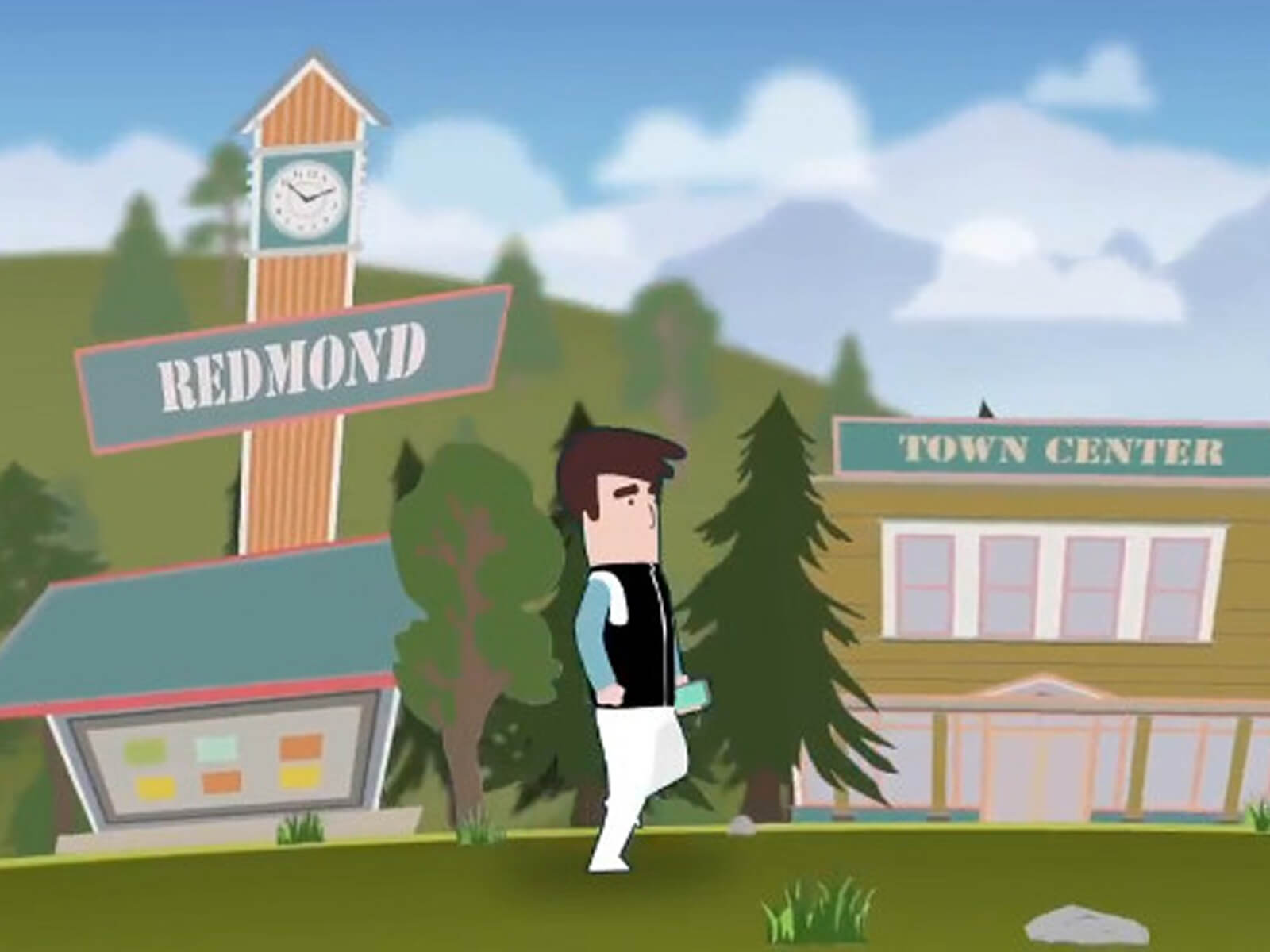 Still frame of 2D animation showing representations of the city of Redmond against a forested and mountainous background