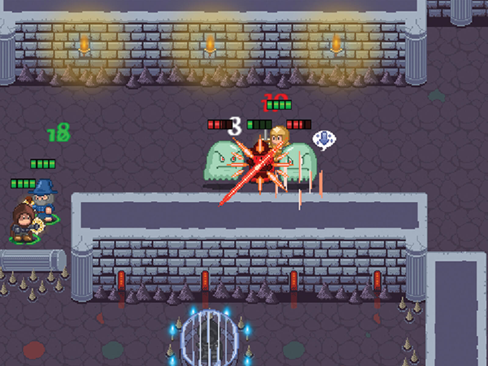 Screenshot of Dungeon Delvers in a dungeon with the playable characters being attacked by green blob monsters