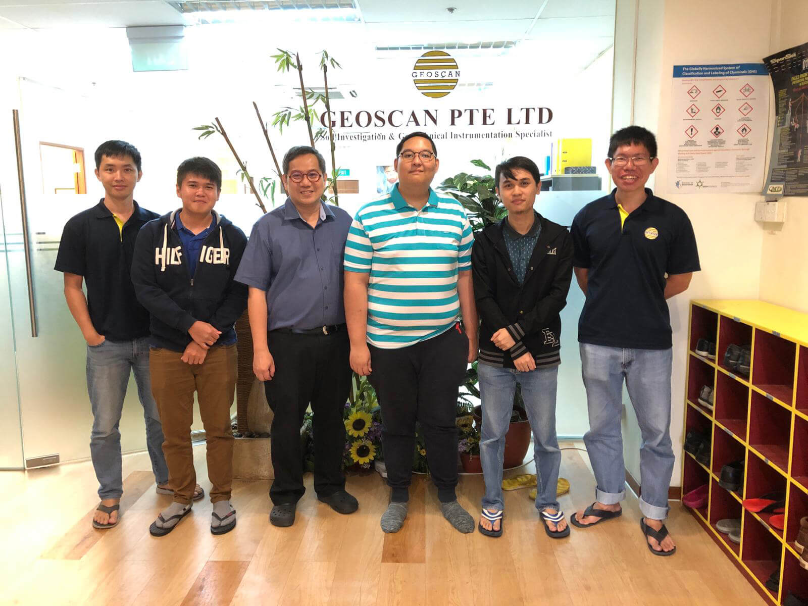 Group photo with SIT-DigiPen (Singapore) student interns Wazirullah Bin Rumzi and Zachary Ko with four Geoscan employees