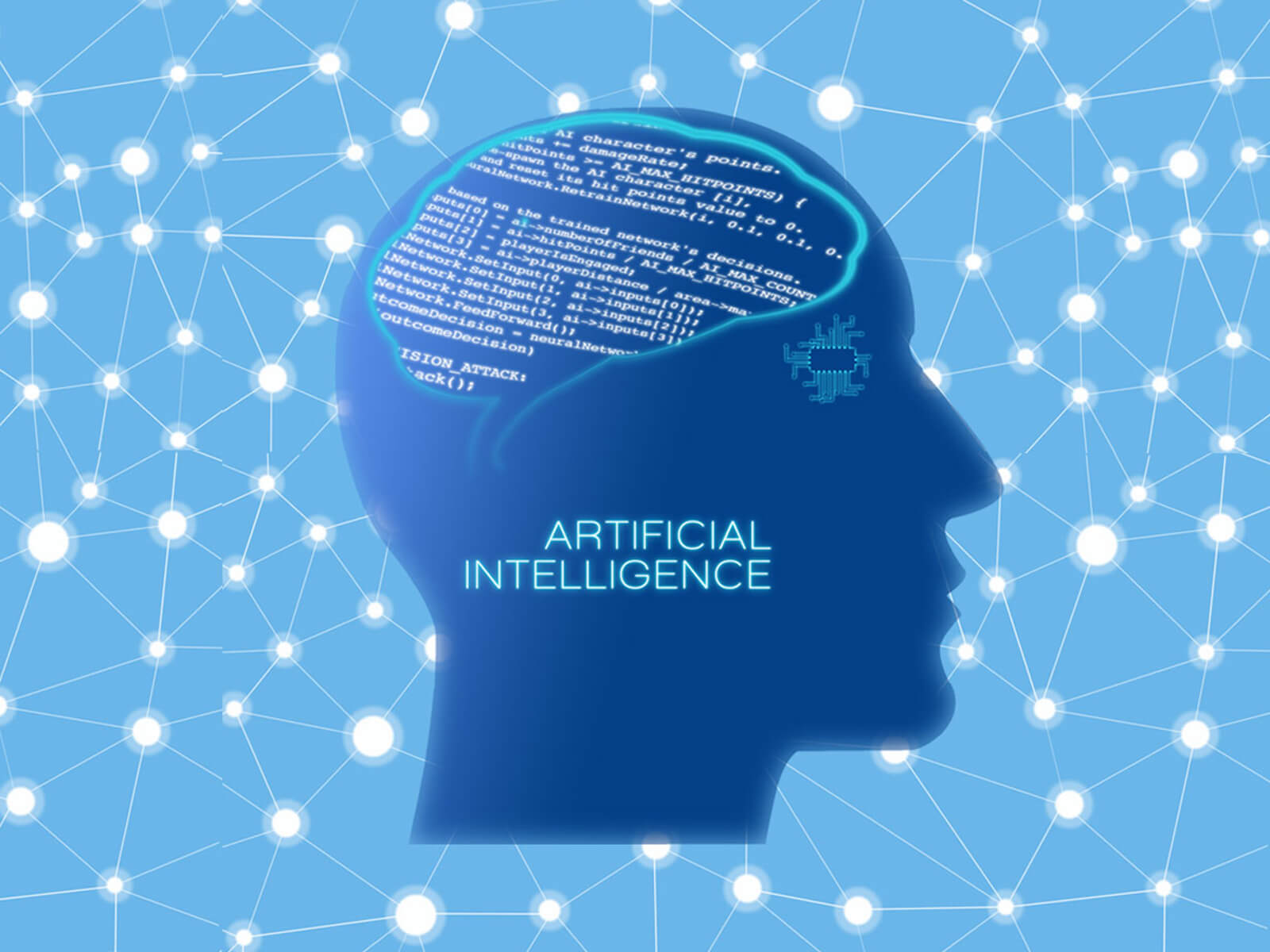 A graphic featuring a silhouette of a man's head with computer code in the brain area and the words "Artificial Intelligence" on the cheek area