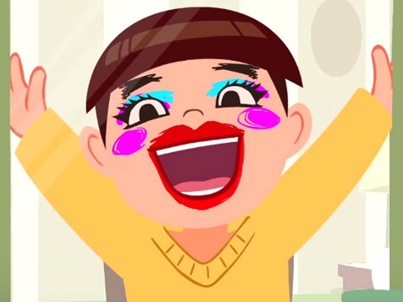 Still screen of 2D animated girl in a yellow sweater opening a closet wearing bright red lipstick and pink mascara