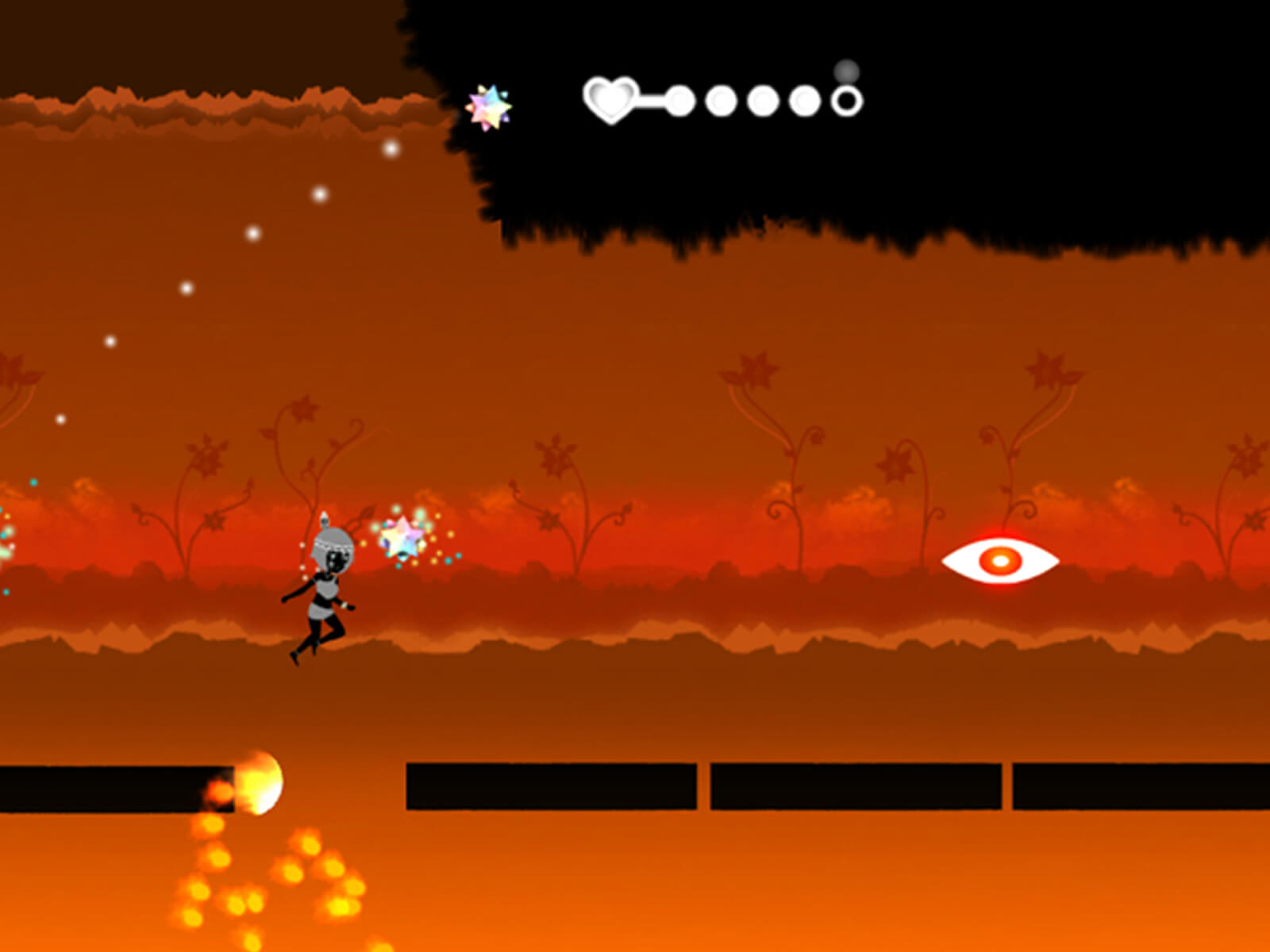 Screenshot from Iris, the 2D character hops onto a platform in a fiery level as two glowing eyes hover in the air ahead