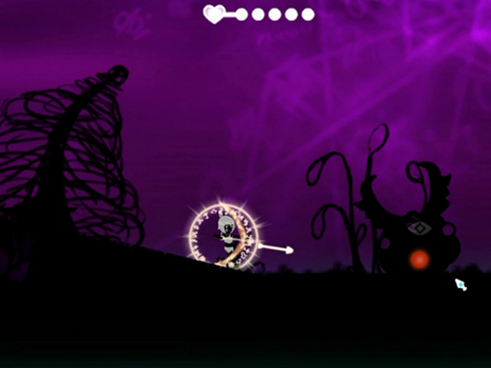 Screenshot of character Iris surrounded by a magical rune, aiming in arrow in a shadowy world with a purple background