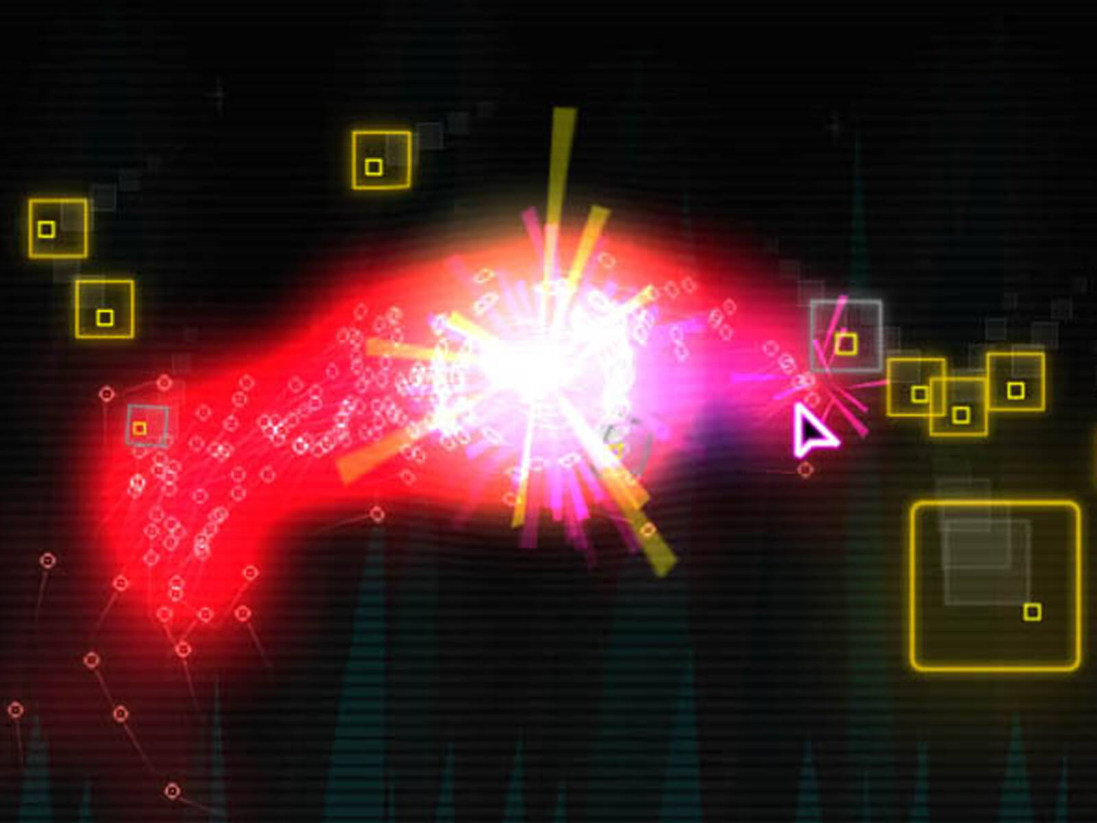 Screenshot of Pixi game, yellow-outlined squares surround a cloud of red in a black background