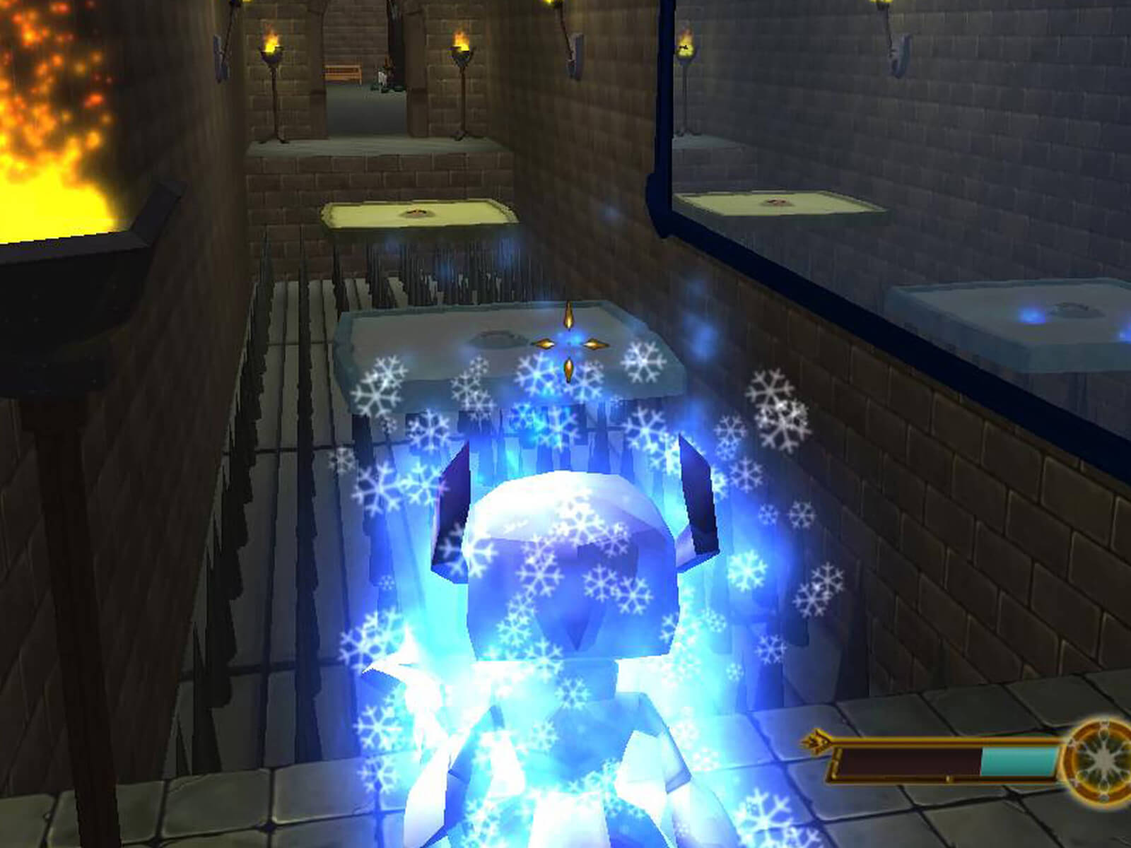Character seen from behind glowing blue with snowflakes hovering around him, looking across a spike pit
