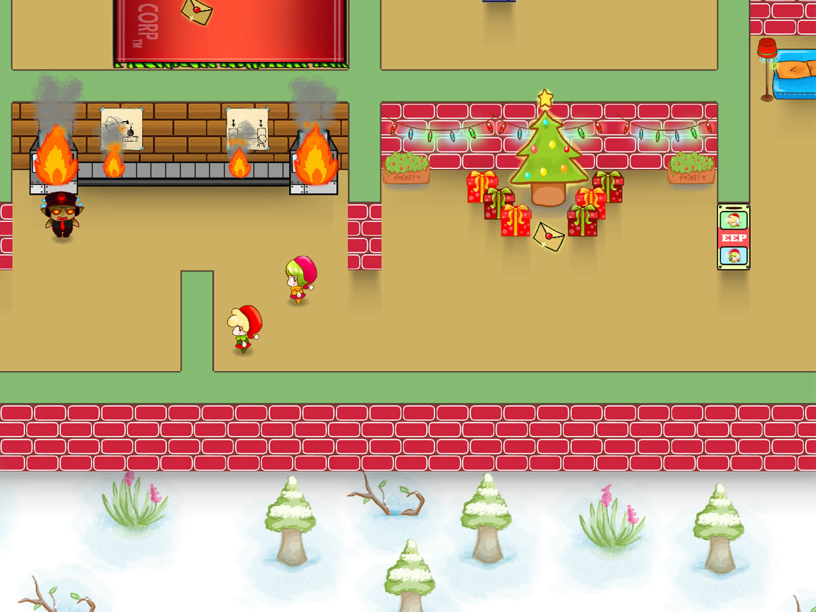 Screenshot from DigiPen (Singapore) student game Santa's Clause showing top-down view of an office/workshop with elves and reindeer employees.