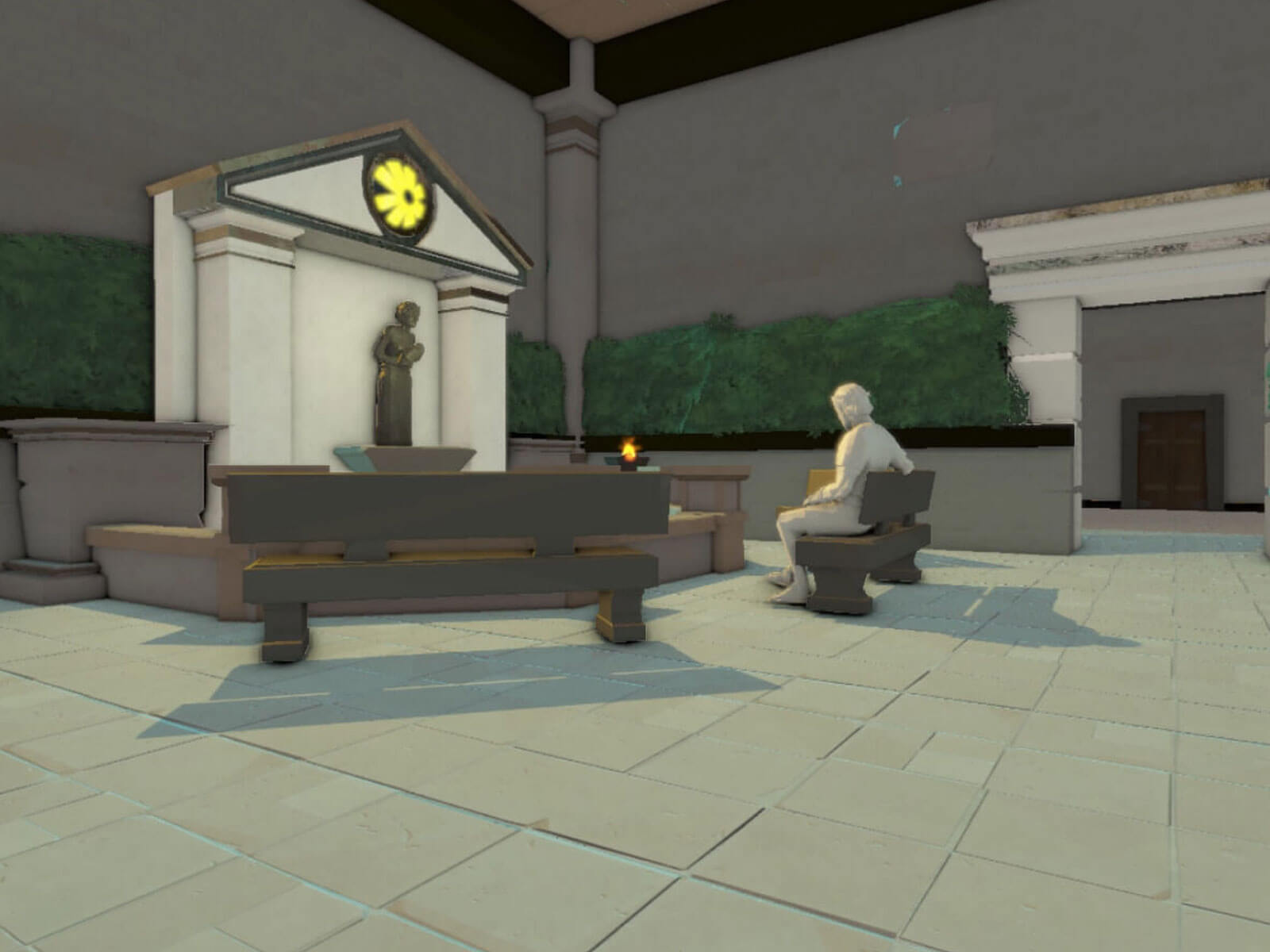 A stone character sits on a bench before an altar.