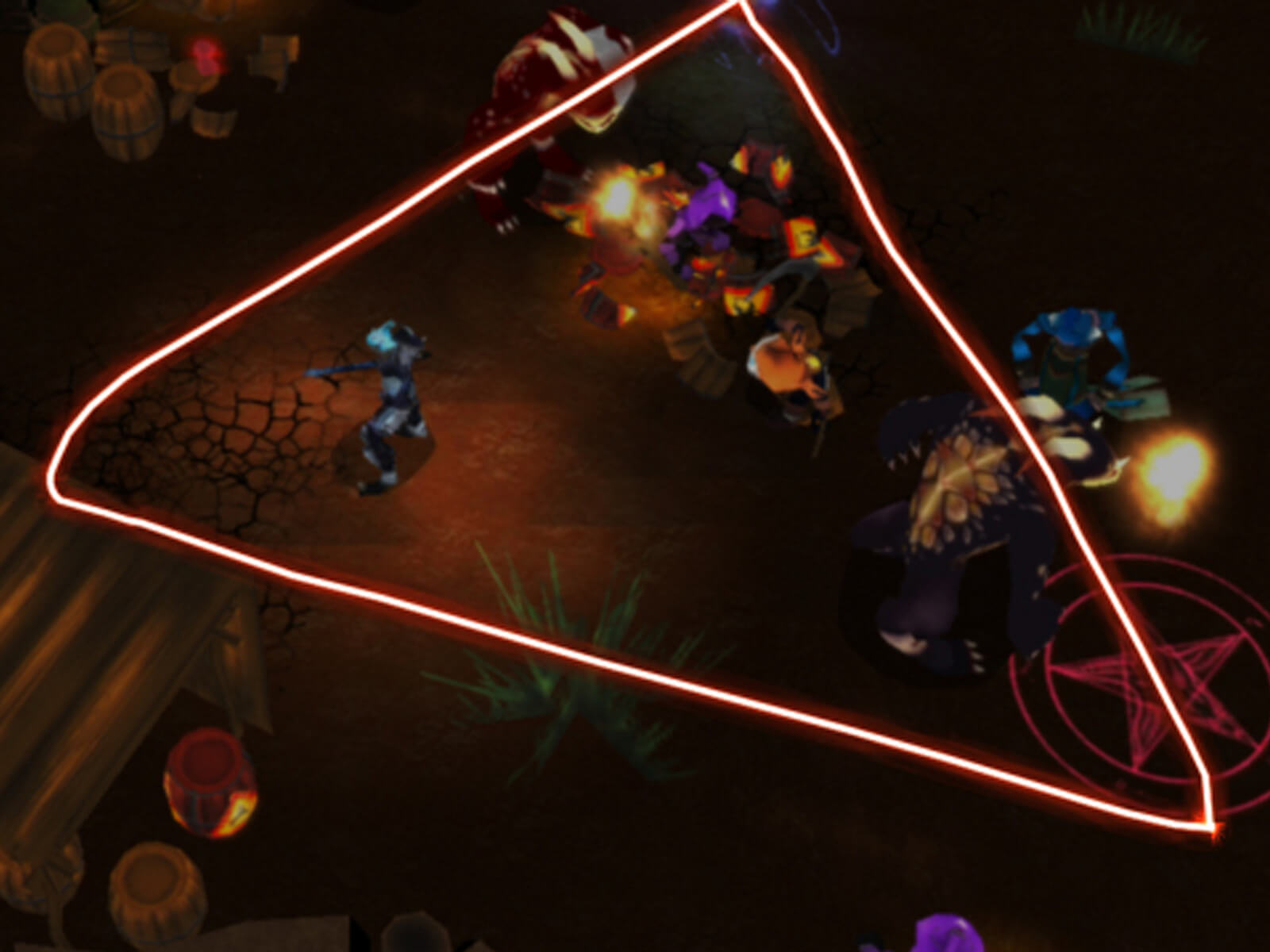 In a dark dungeon, a bright red triangle is drawn around enemies to cast a damaging spell