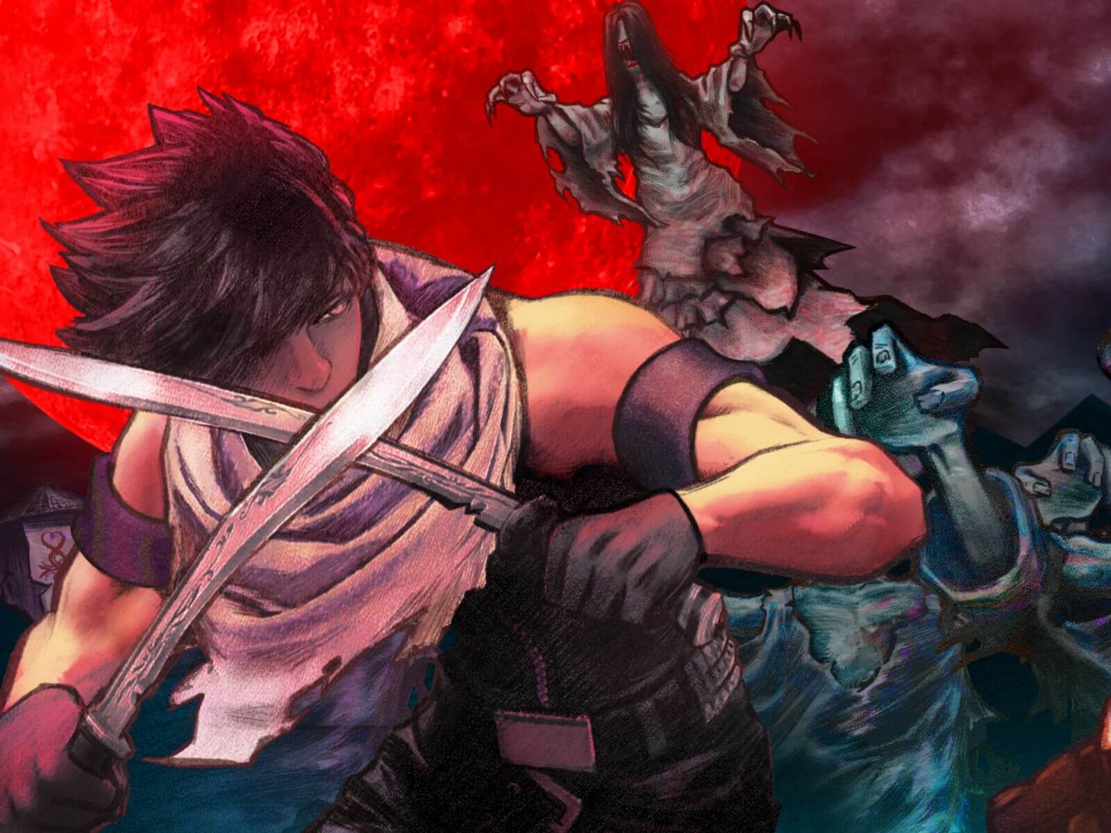 Male protagonist holding two daggers braces for ghouls attacking from behind