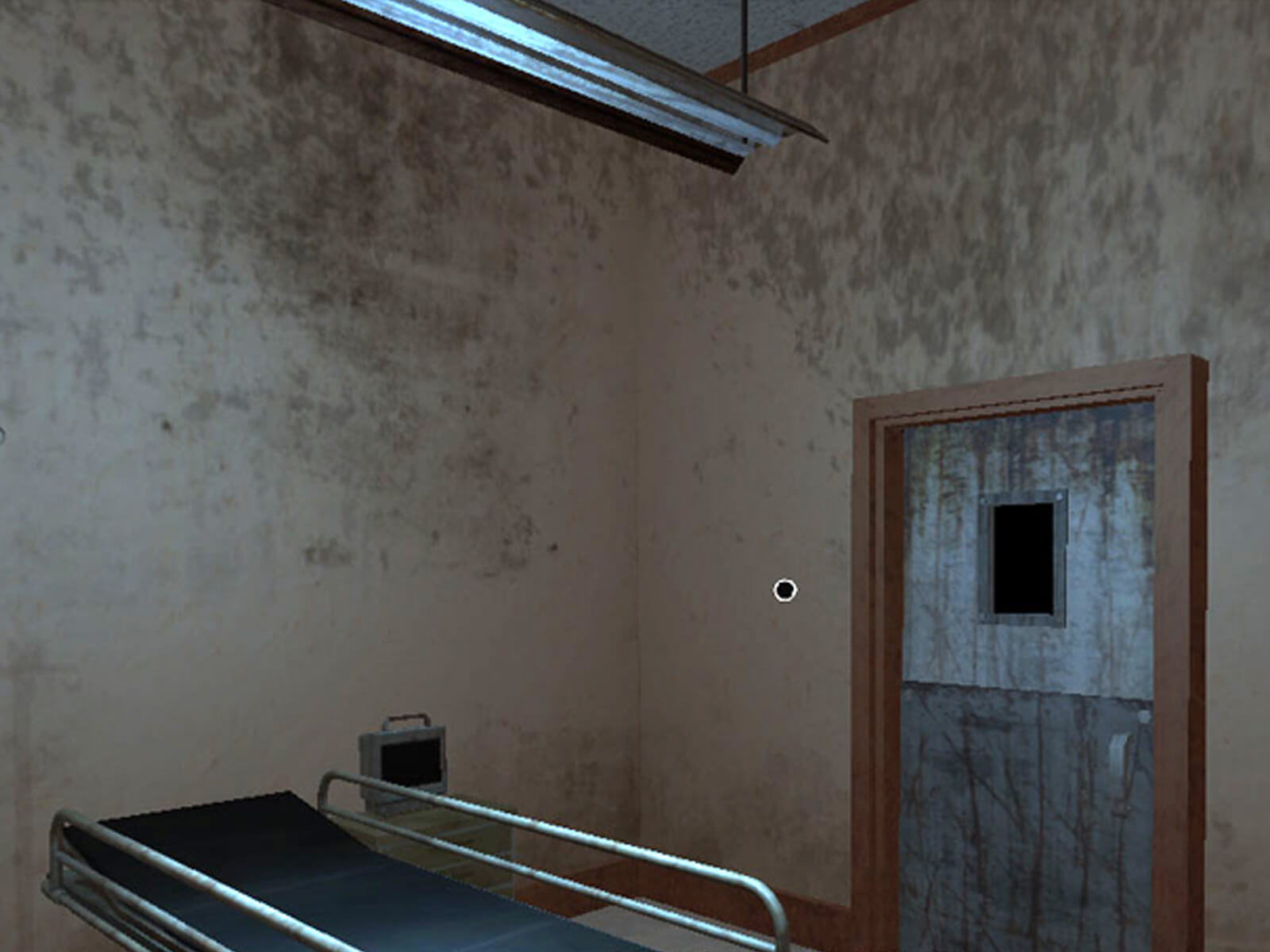 Screenshot of game inside a grimy hospital room with a gurney and door