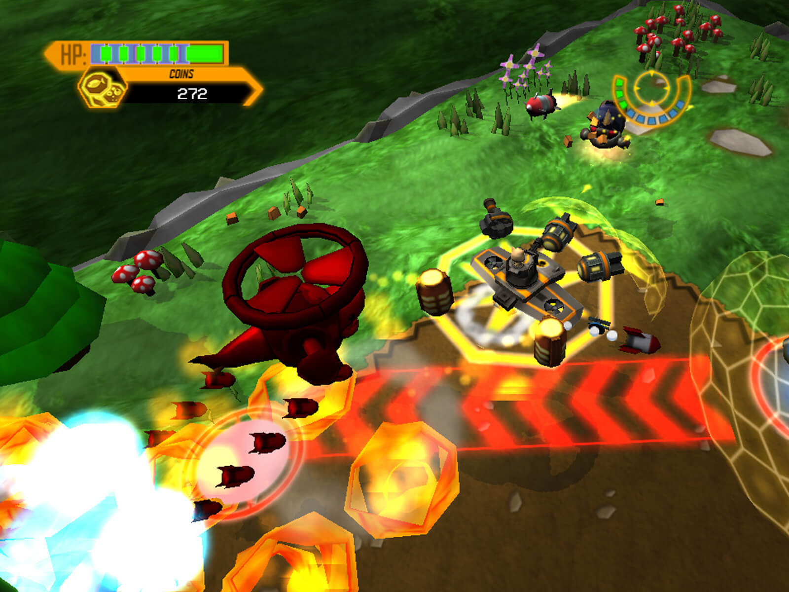 Screenshot of player's cat-piloted hover tank surrounded by enemies and dodging explosions and bombs