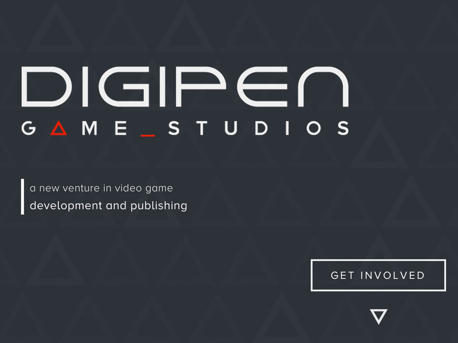 Screenshot of DigiPen Game Studios homepage with logo against a dark gray background with faint triangular outlines