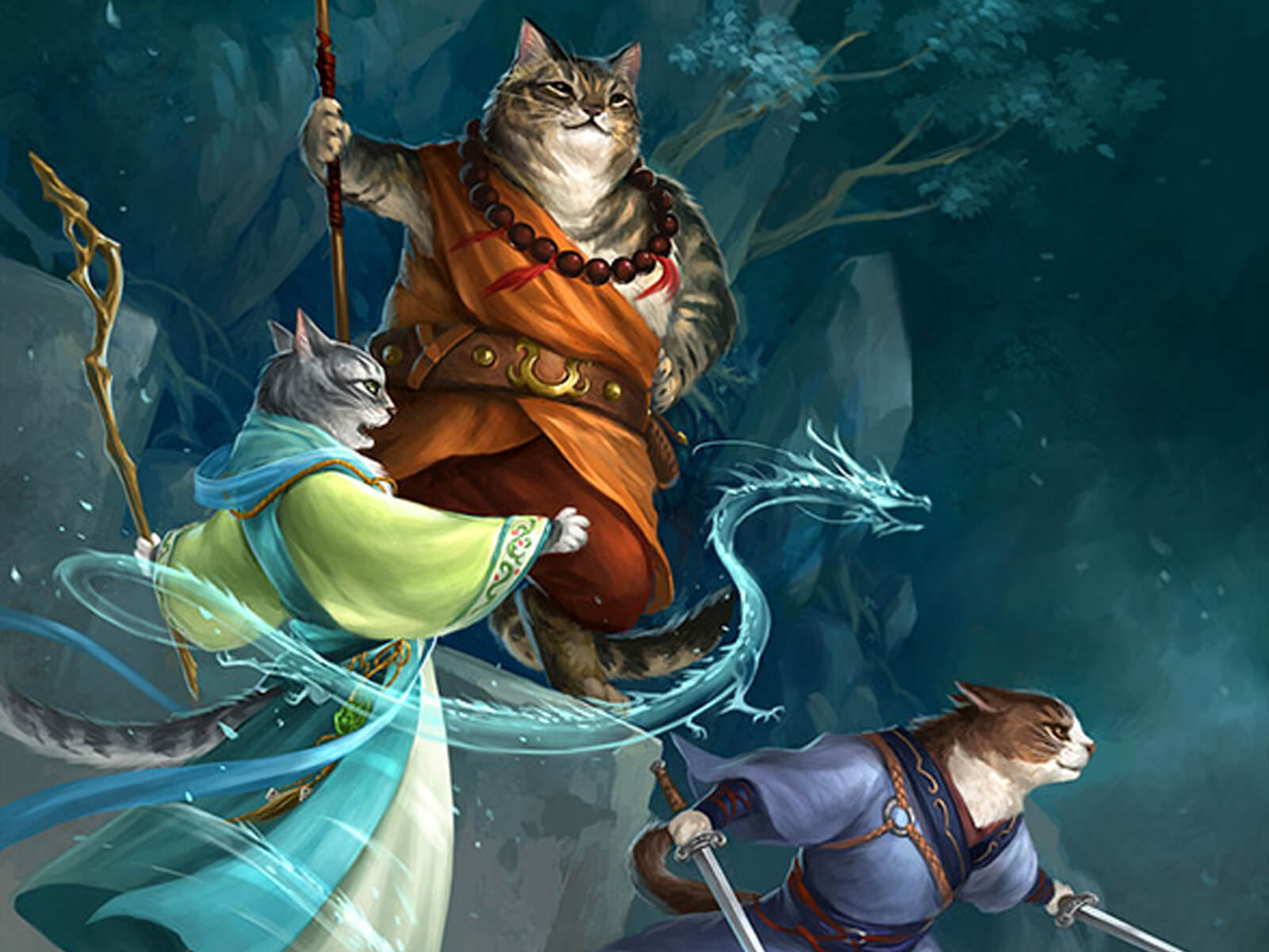 Three illustrated housecats are dressed in fantasy garb, holding staves, casting spells, and preparing to attack