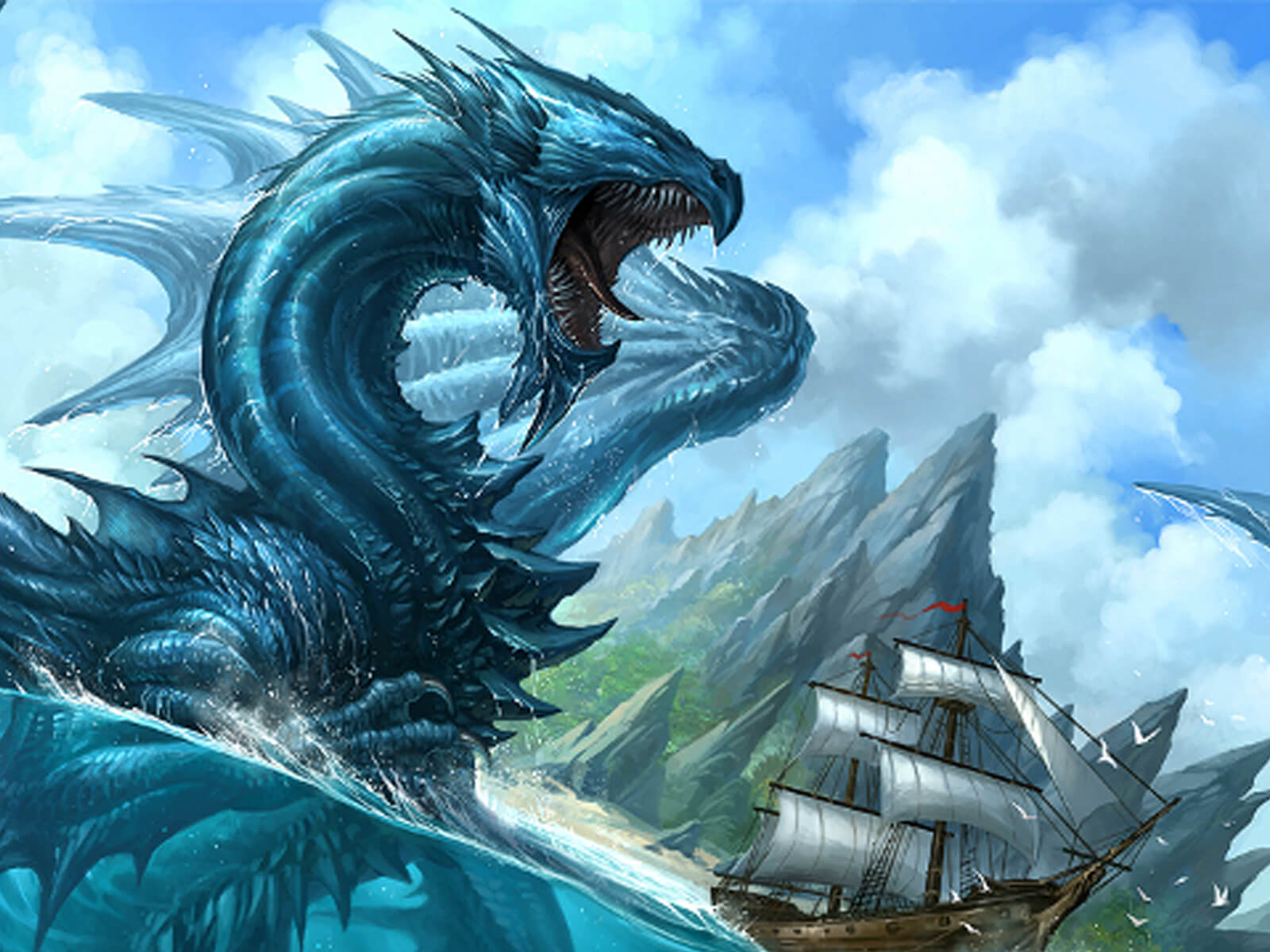 A blue dragon swimming in the ocean, about to pounce upon a galleon with a rocky island behind