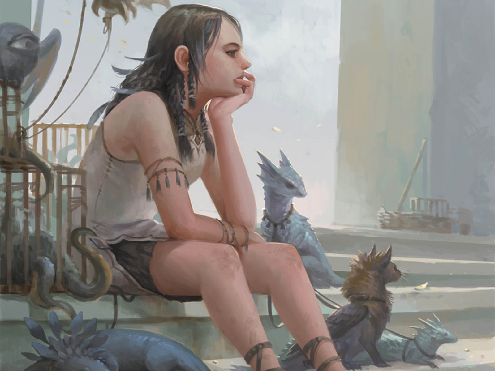 A girl sits on a flight of stairs with several small mythological creatures beside her.