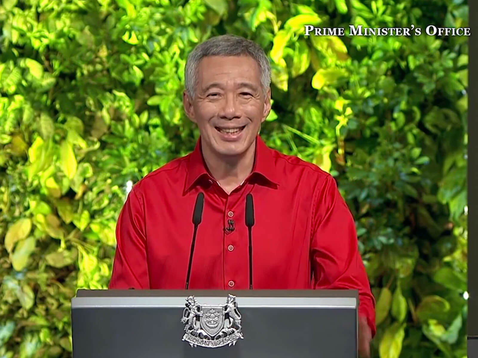 Singapore's Prime Minister, Lee Hsien Loong stands at a lectern with an image of a wall of vines behind him