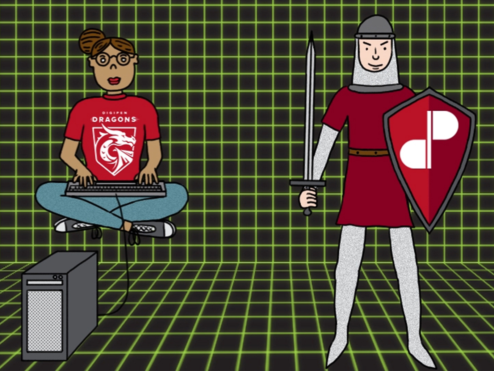 A DigiPen student levitates and codes in a green digital space next to a knight with a DigiPen shield.