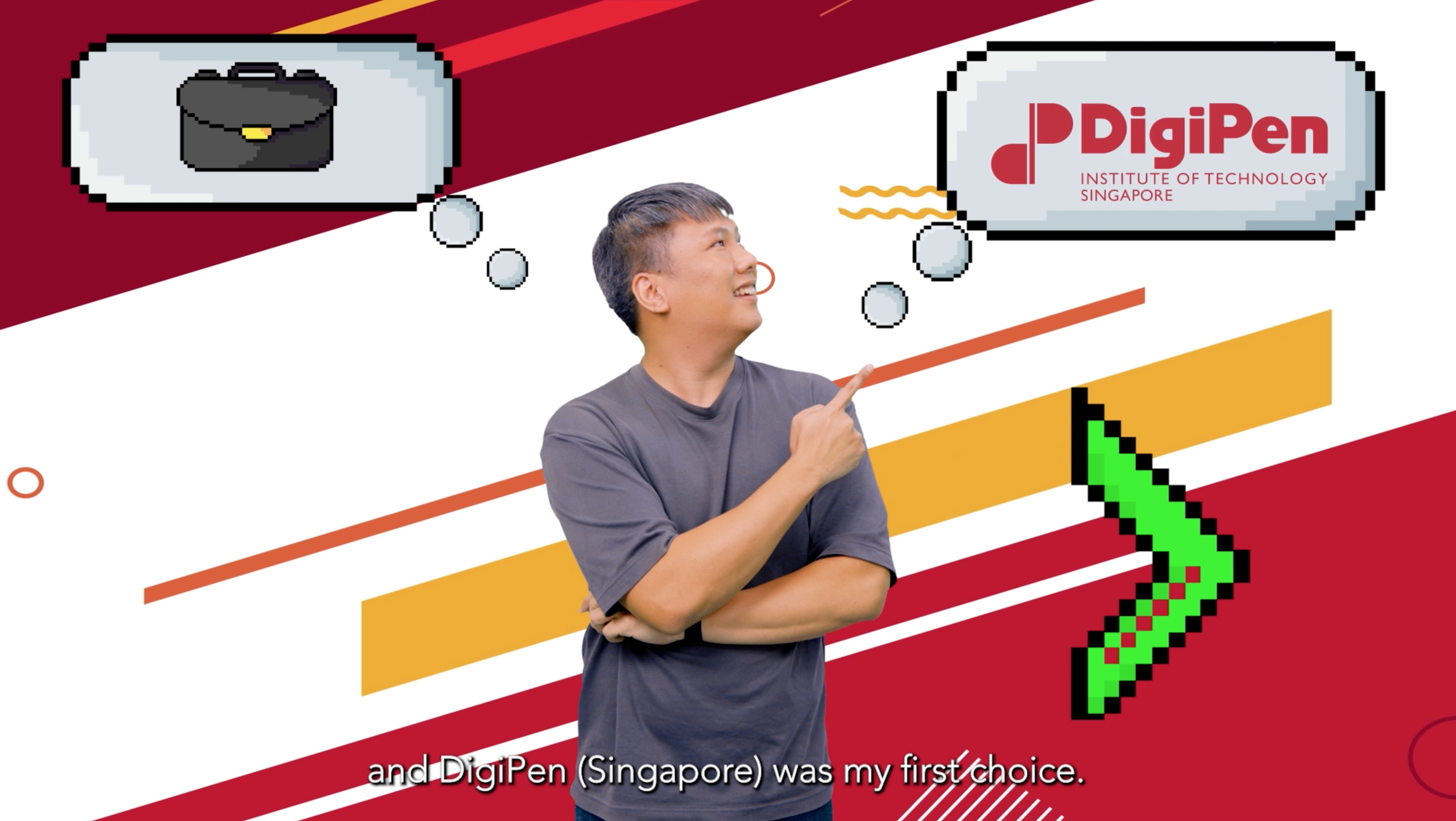 Chan Ka June pointing to a graphic with the DigiPen (Singapore) logo