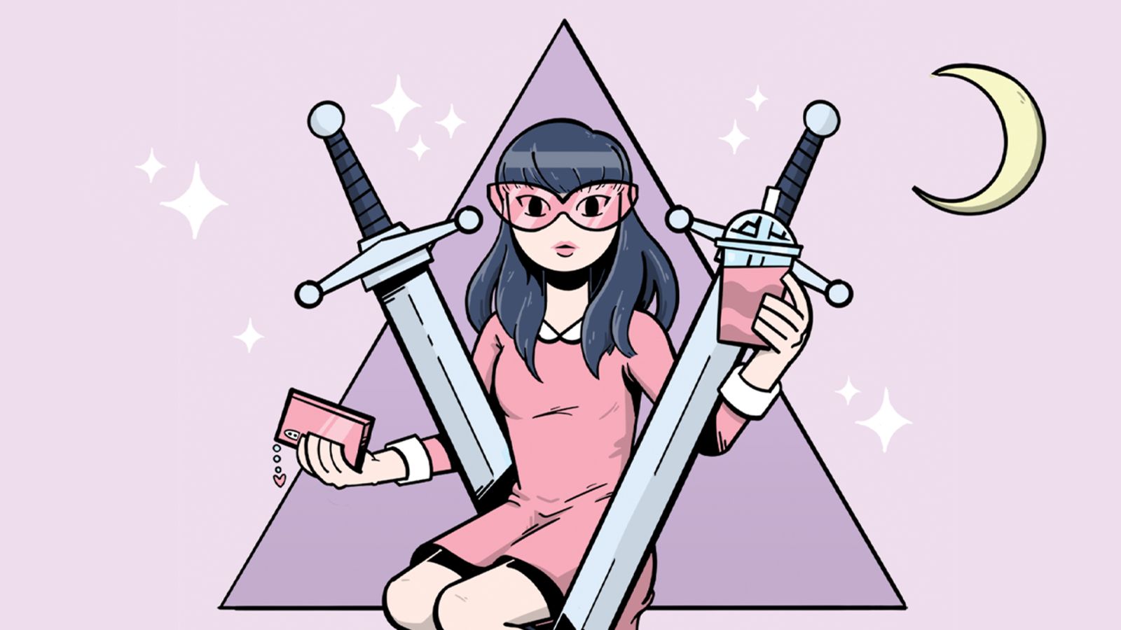 A female character with pink glasses holds bubble tea and two large swords