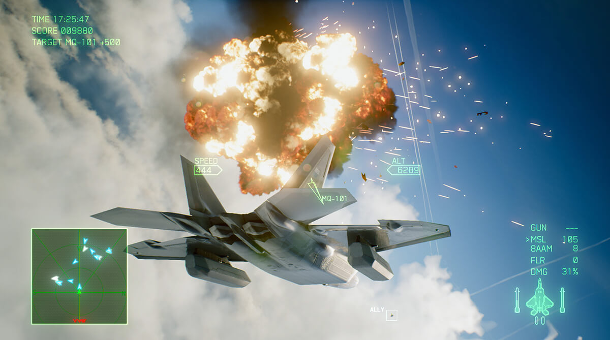 Screenshot from Ace Combat 7 featuring a grey fighter jet flying near a fireball explosion in the sky with background clouds.