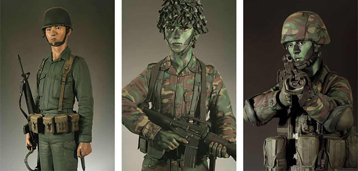 Portraits of three generations of SIngapore Army national service men created by DigiPen (Singapore) faculty member Calvin Tan