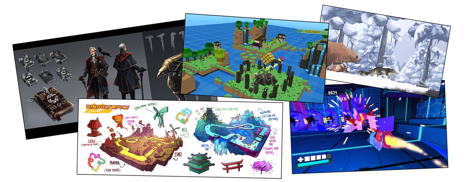 A collage of images ranging from concept artwork to in-game screenshots of student projects.
