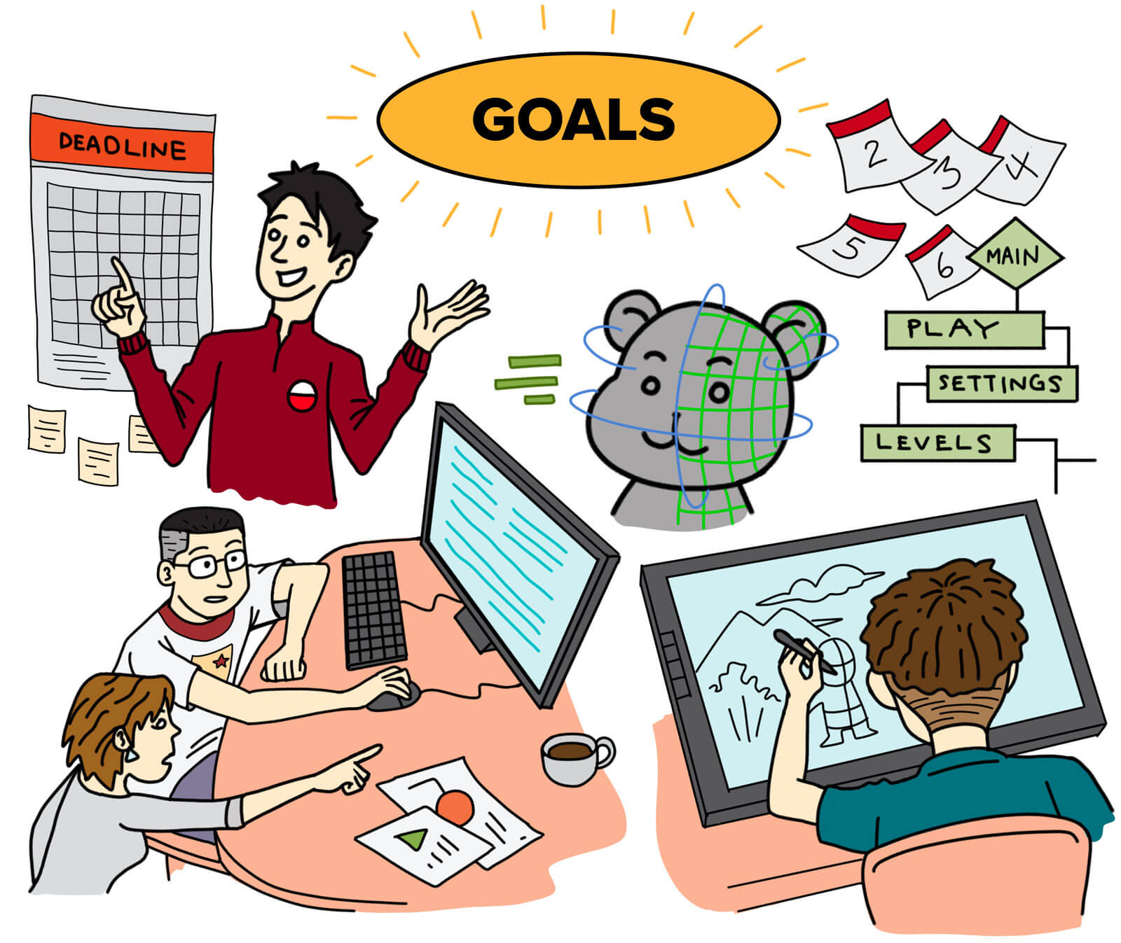 Students focused on various goals, including one student looking at a calendar of deadlines, another student drawing, and two students using a computer.